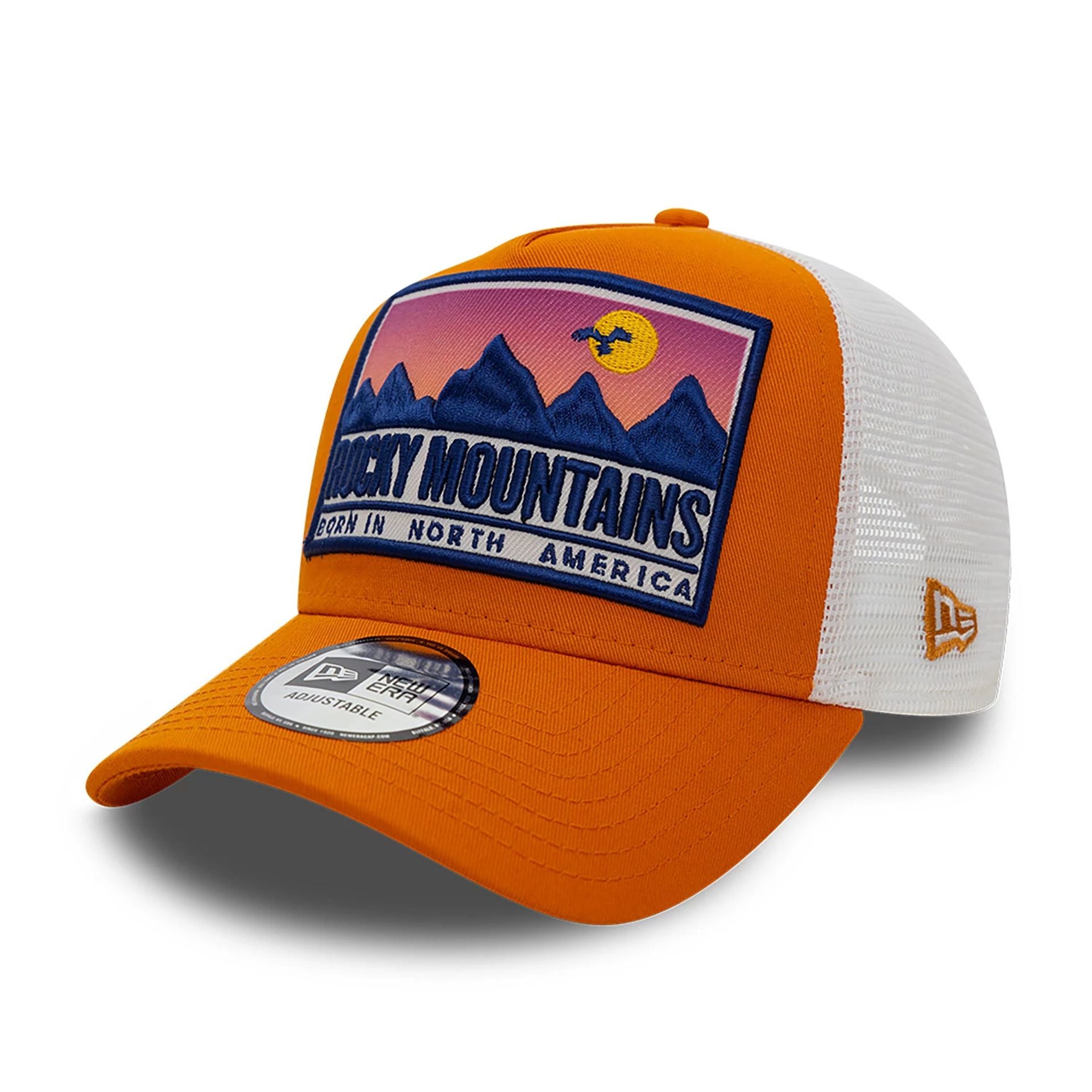 This is a New Era Location Patch Trucker Rust/Copper 9FORTY A-Frame Trucker Adjustable Cap 1