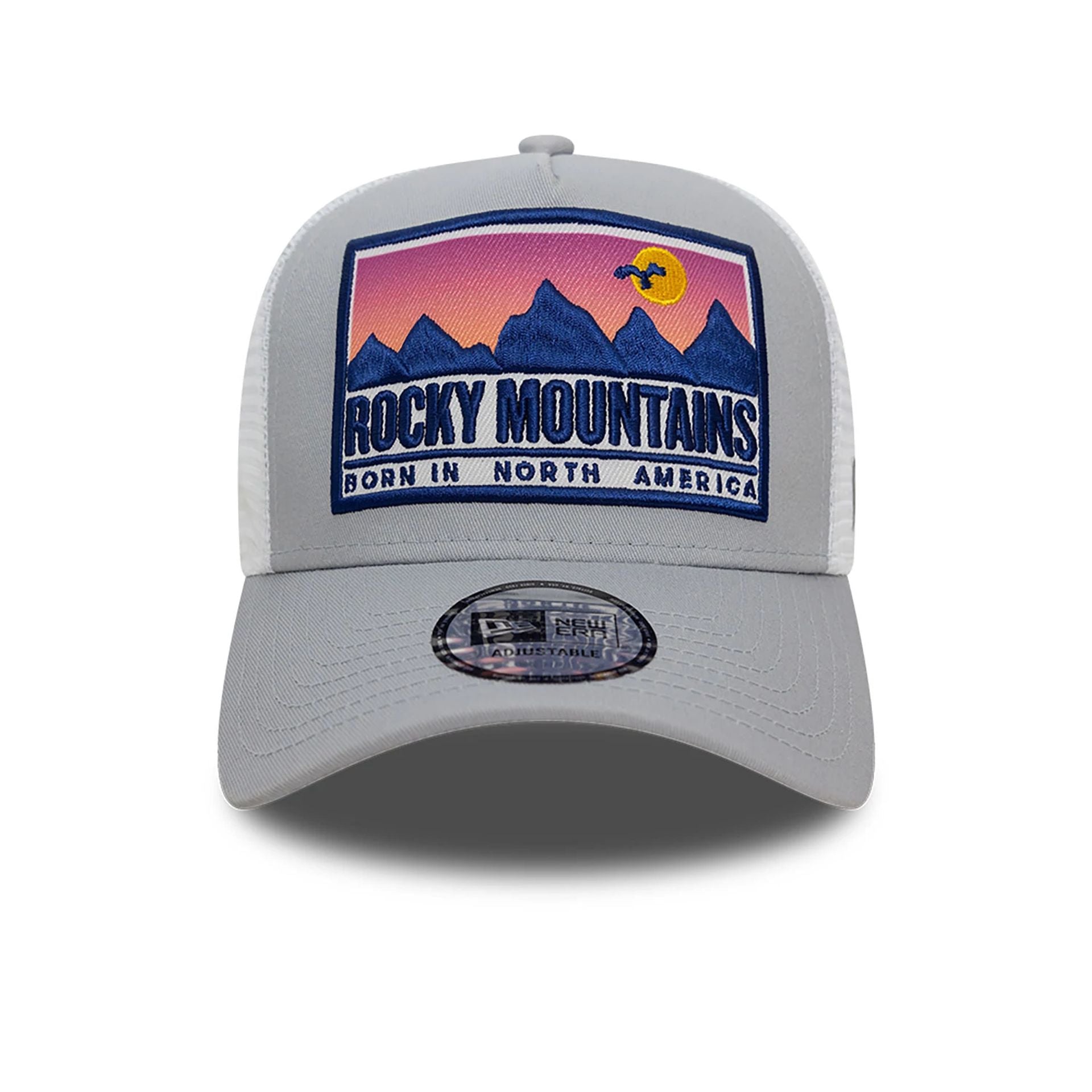 This is a New Era Location Patch Trucker Grey 9FORTY A-Frame Trucker Adjustable Cap 2