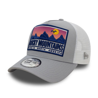 This is a New Era Location Patch Trucker Grey 9FORTY A-Frame Trucker Adjustable Cap 1