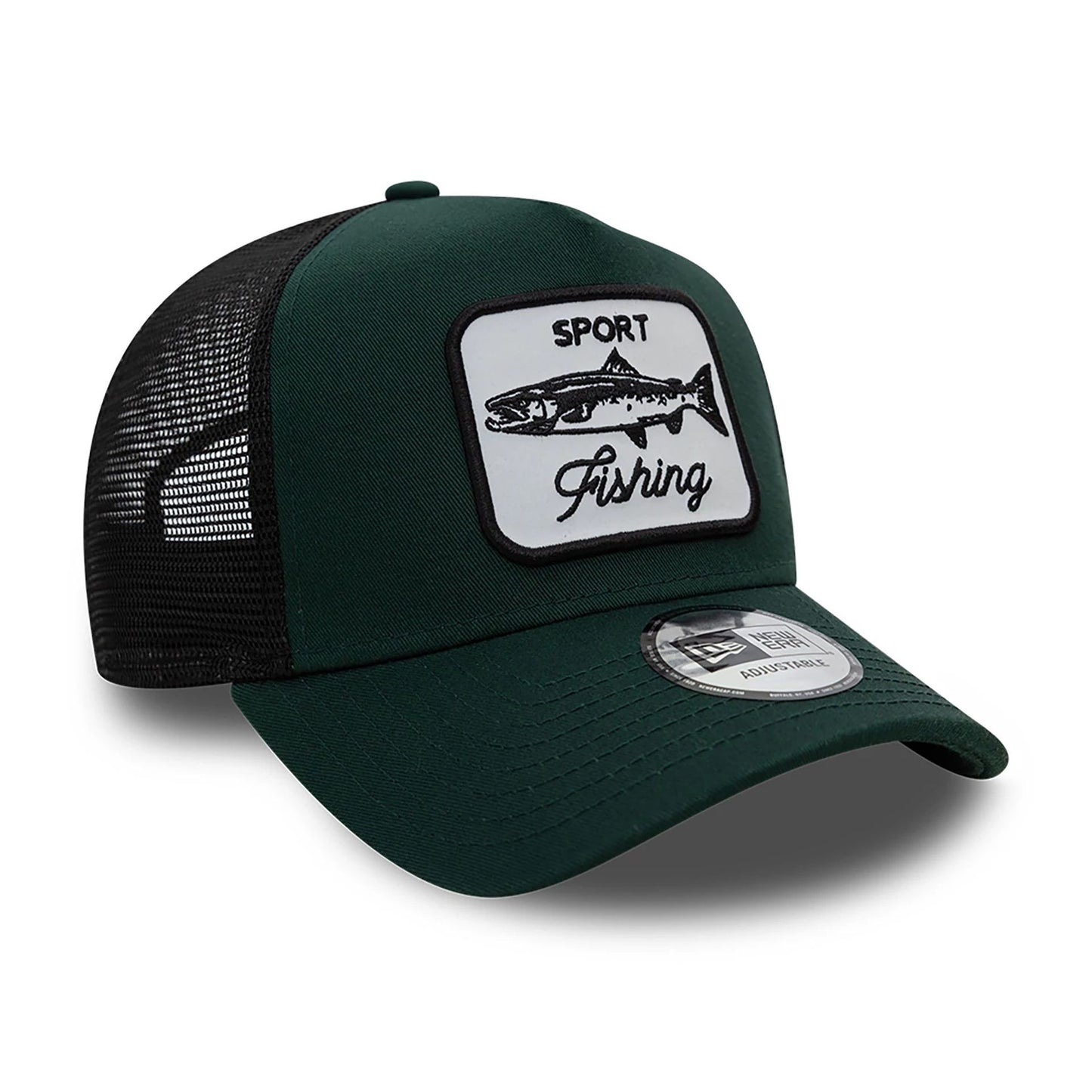 This is a New Era Fishing Patch Trucker Dark Green 9FORTY A-Frame Trucker Adjustable Cap 3