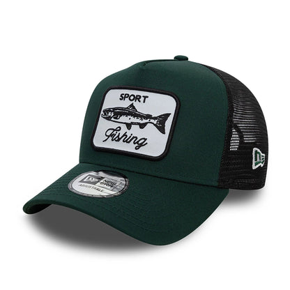 This is a New Era Fishing Patch Trucker Dark Green 9FORTY A-Frame Trucker Adjustable Cap 1