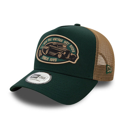 This is a New Era Hot Rod Trucker Dark Green 9FORTY A-Frame Trucker Adjustable Cap 1