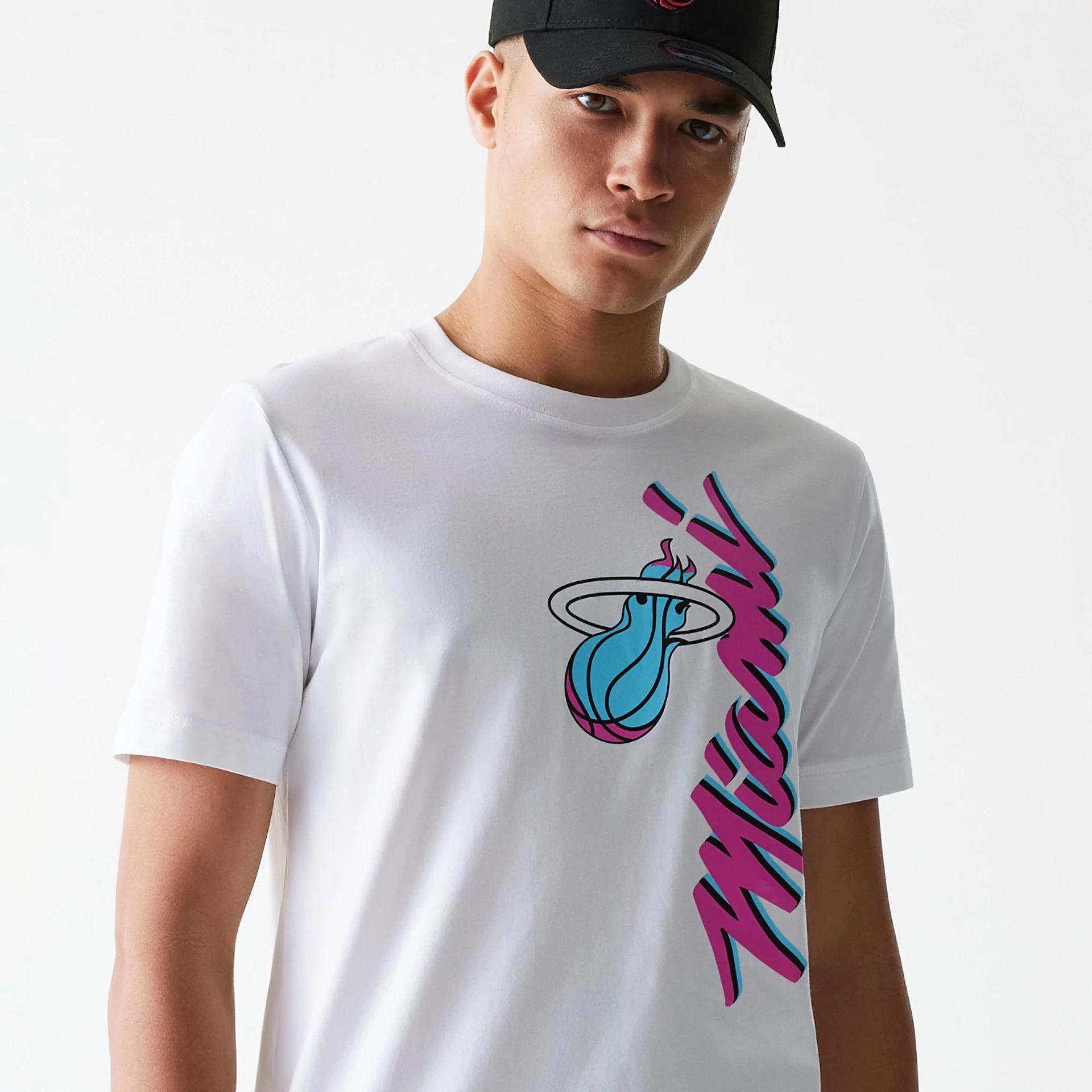 The Male model is wearing Miami Heat NBA City Edition White T-Shirt 3