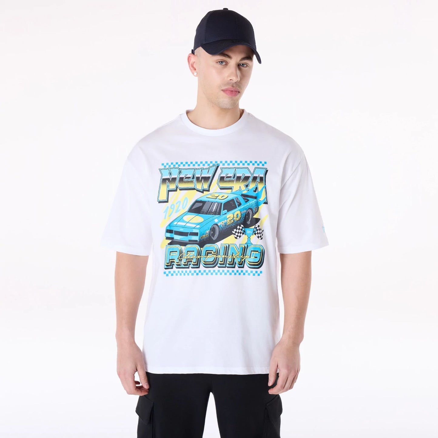 The Male model is wearing New Era 1920 Racing Championship White T-Shirt 1