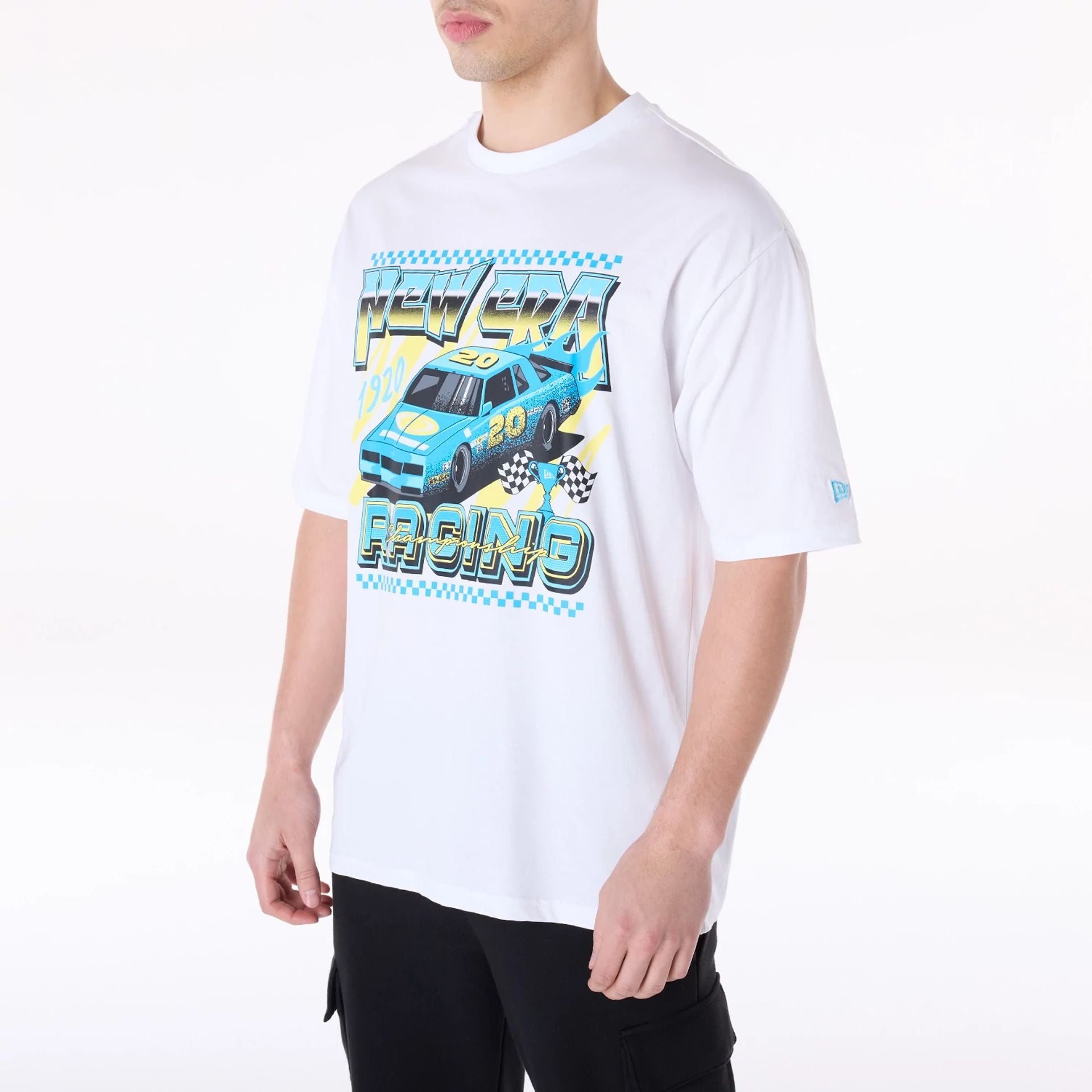 The Male model is wearing New Era 1920 Racing Championship White T-Shirt 3