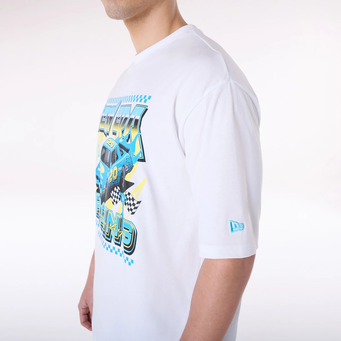 The Male model is wearing New Era 1920 Racing Championship White T-Shirt 5