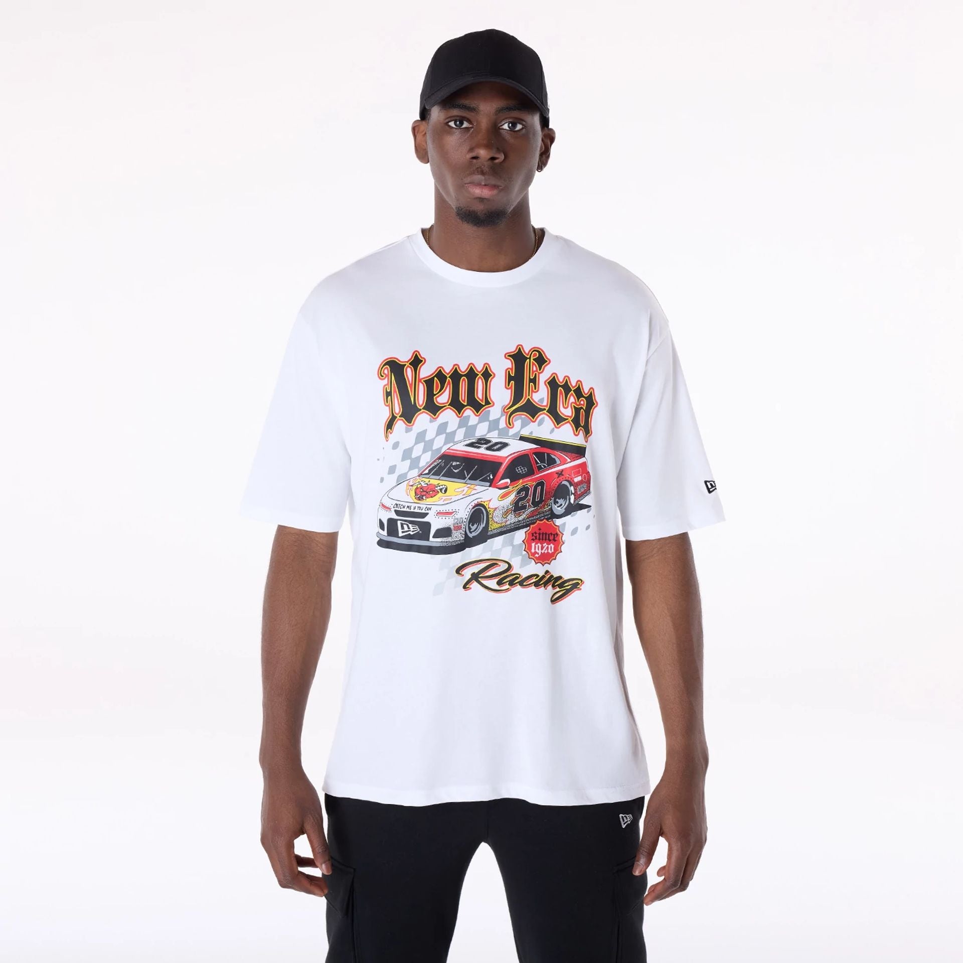 The Male model is wearing New Era 1920 Racing White T-Shirt 1