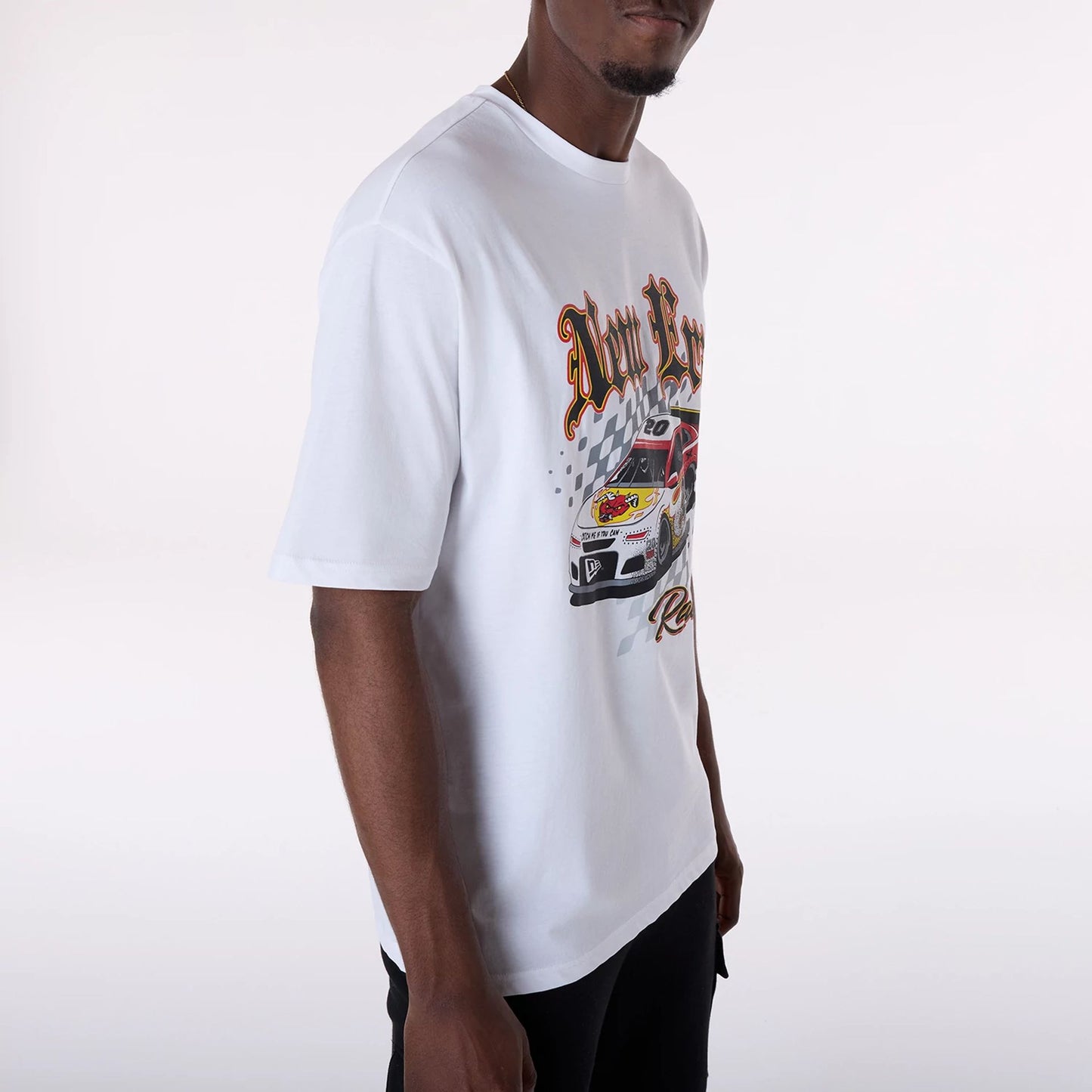 The Male model is wearing New Era 1920 Racing White T-Shirt 4