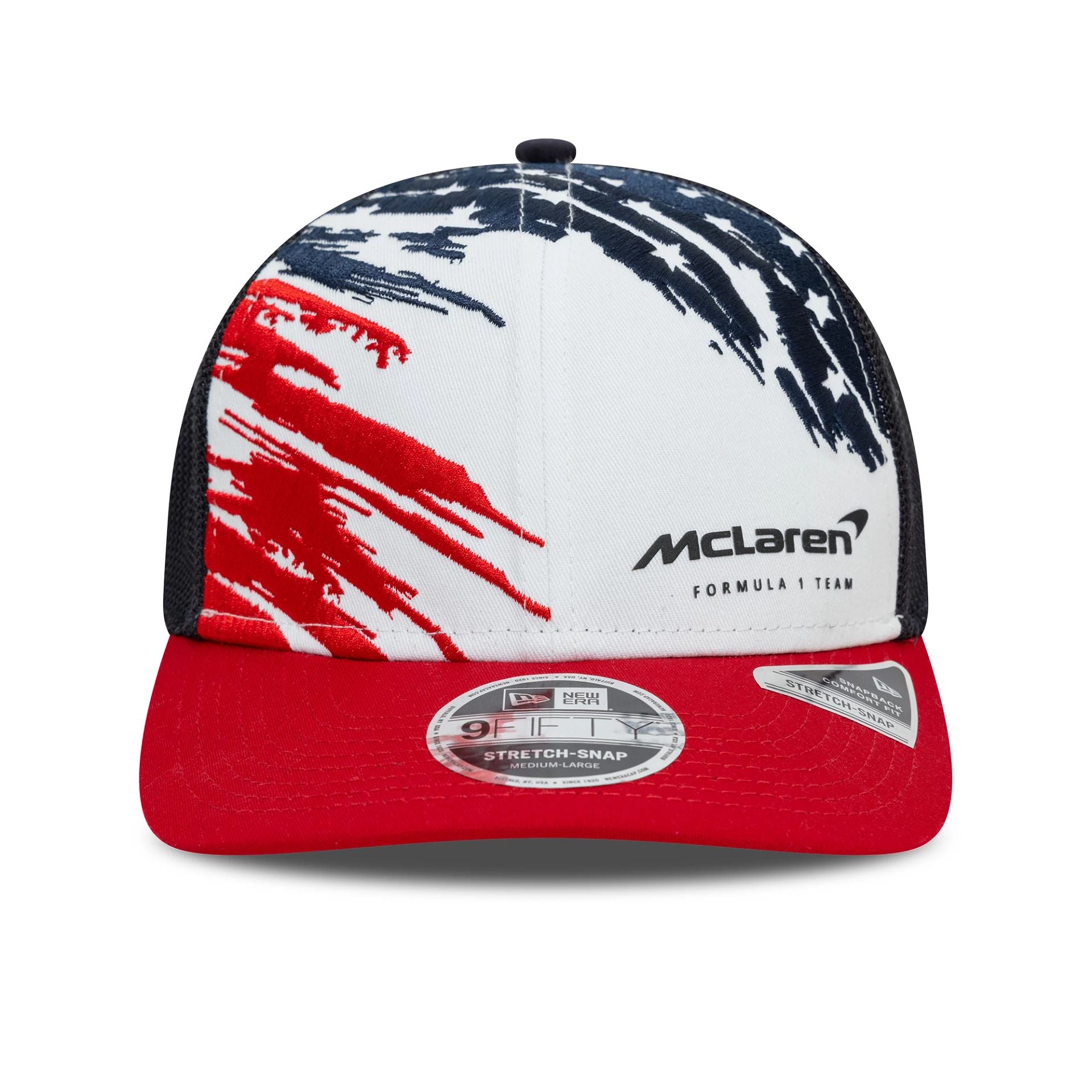 This is a McLaren Racing Austin Race Special Team White 9FIFTY Stretch Snap Cap 2