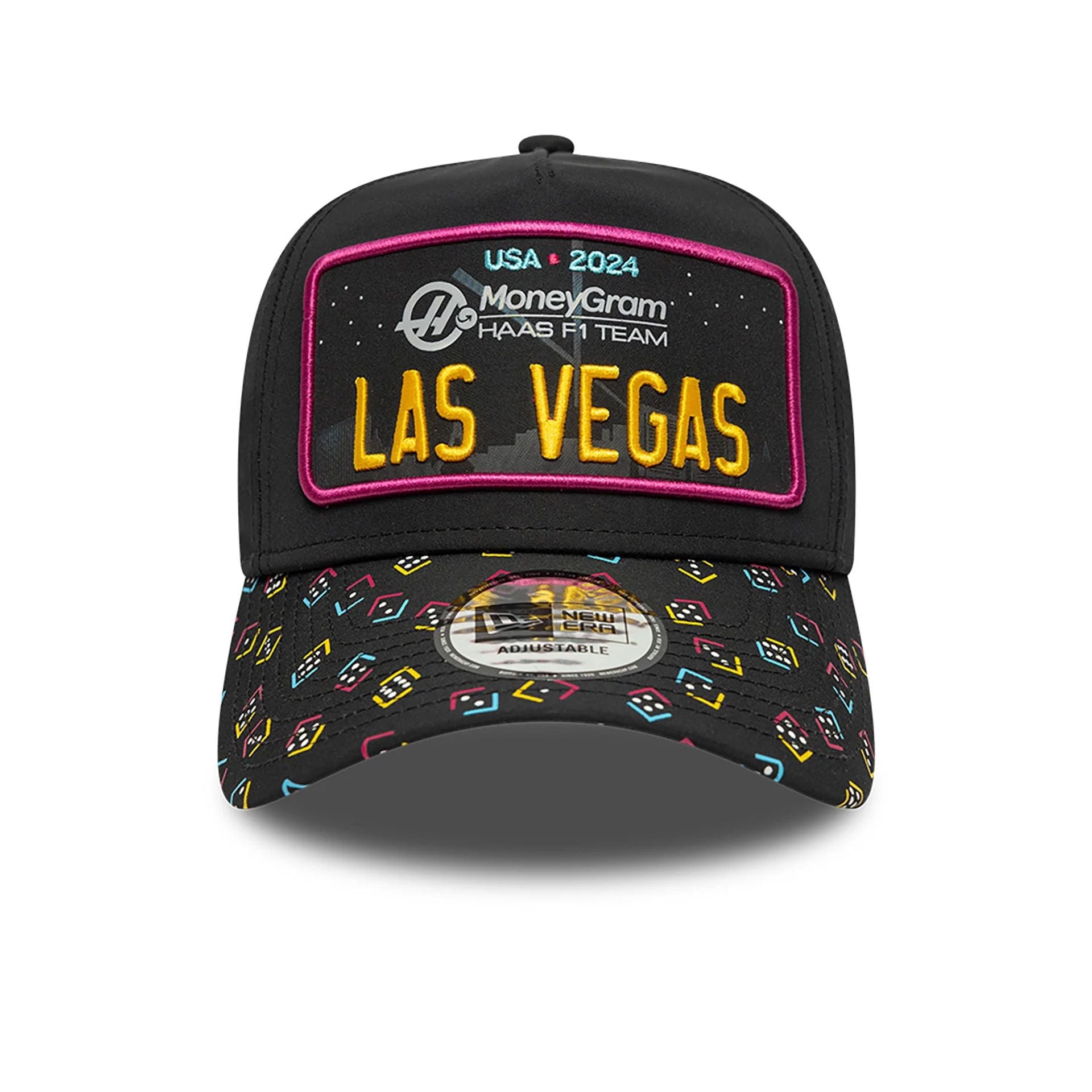 This is a MoneyGram Haas F1 Team Las Vegas Race Special Black 9FORTY E-Frame Adjustable Cap 2