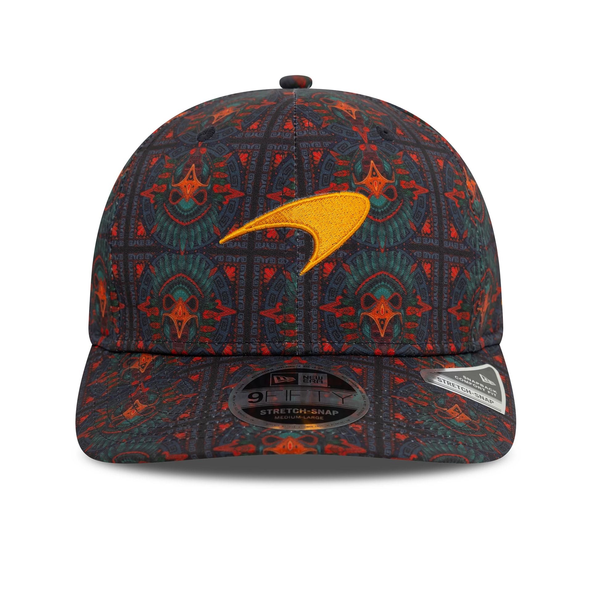 This is a McLaren Racing Mexico Race Special All Over Print Black 9FIFTY Stretch Snap Cap 2