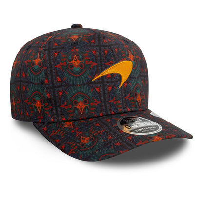 This is a McLaren Racing Mexico Race Special All Over Print Black 9FIFTY Stretch Snap Cap 3