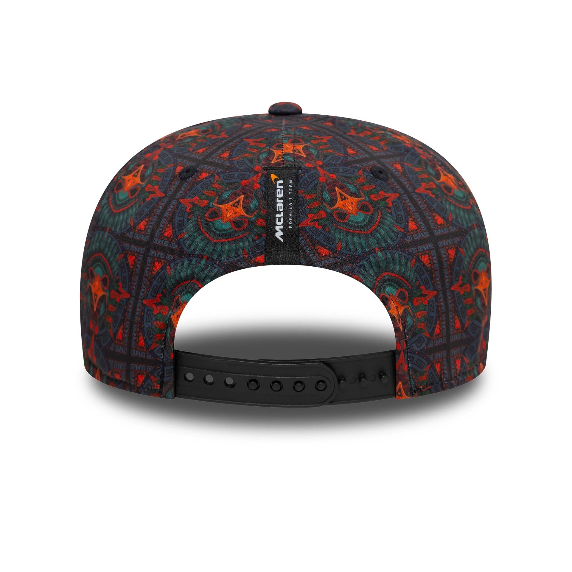 This is a McLaren Racing Mexico Race Special All Over Print Black 9FIFTY Stretch Snap Cap 4