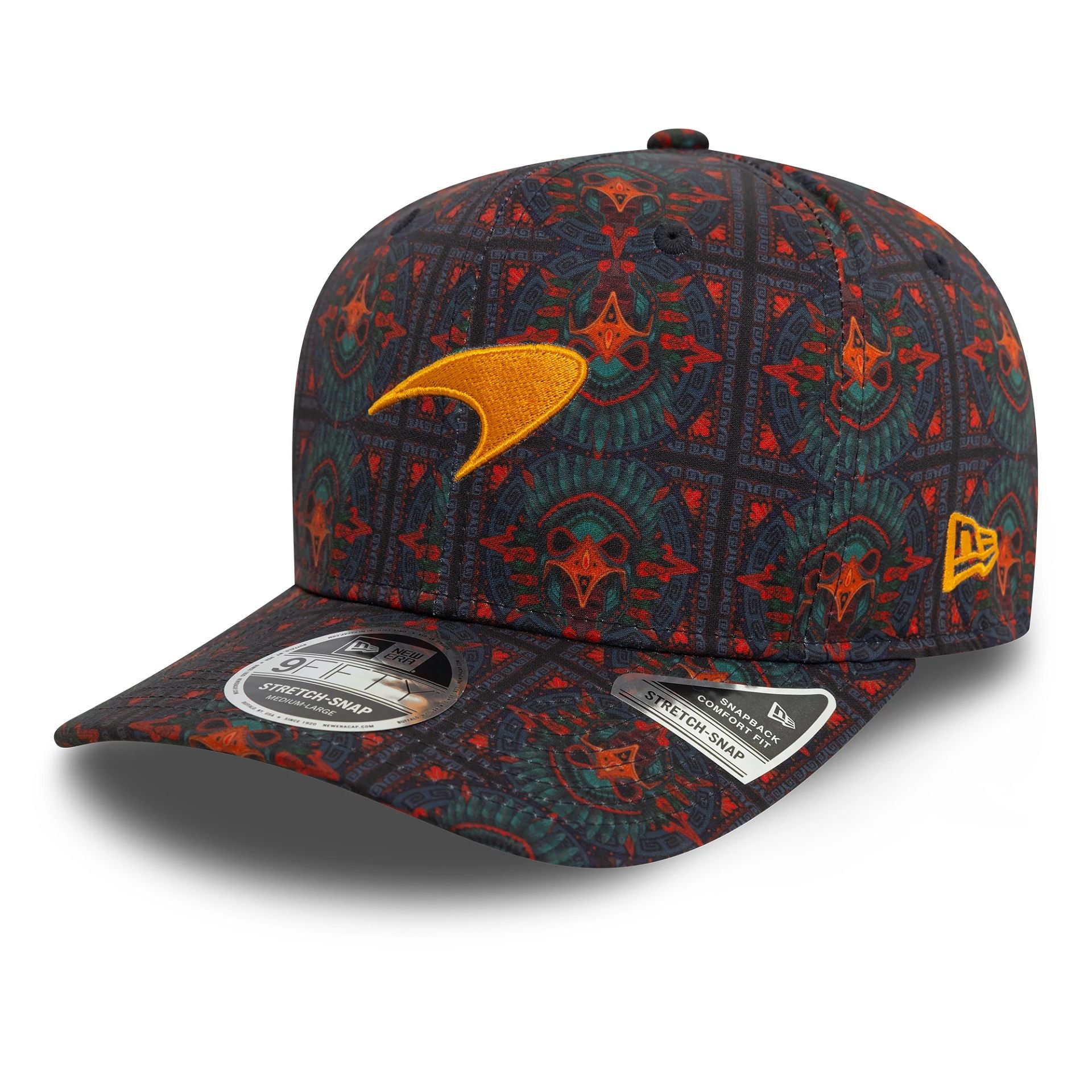 This is a McLaren Racing Mexico Race Special All Over Print Black 9FIFTY Stretch Snap Cap 1