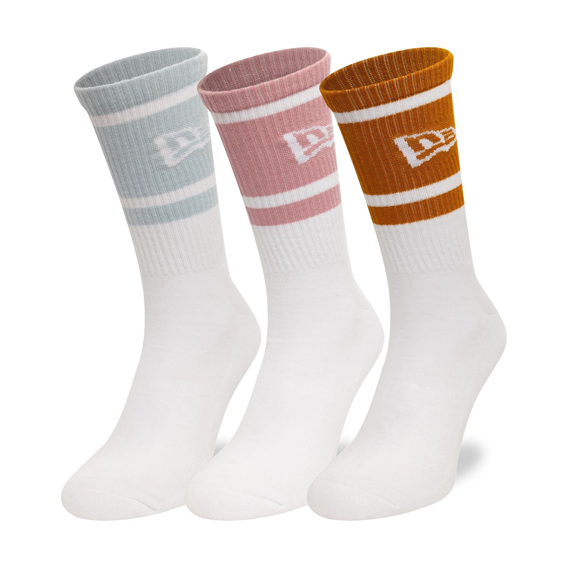 This is a New Era Stripe 3-Pack White Crew Socks 2