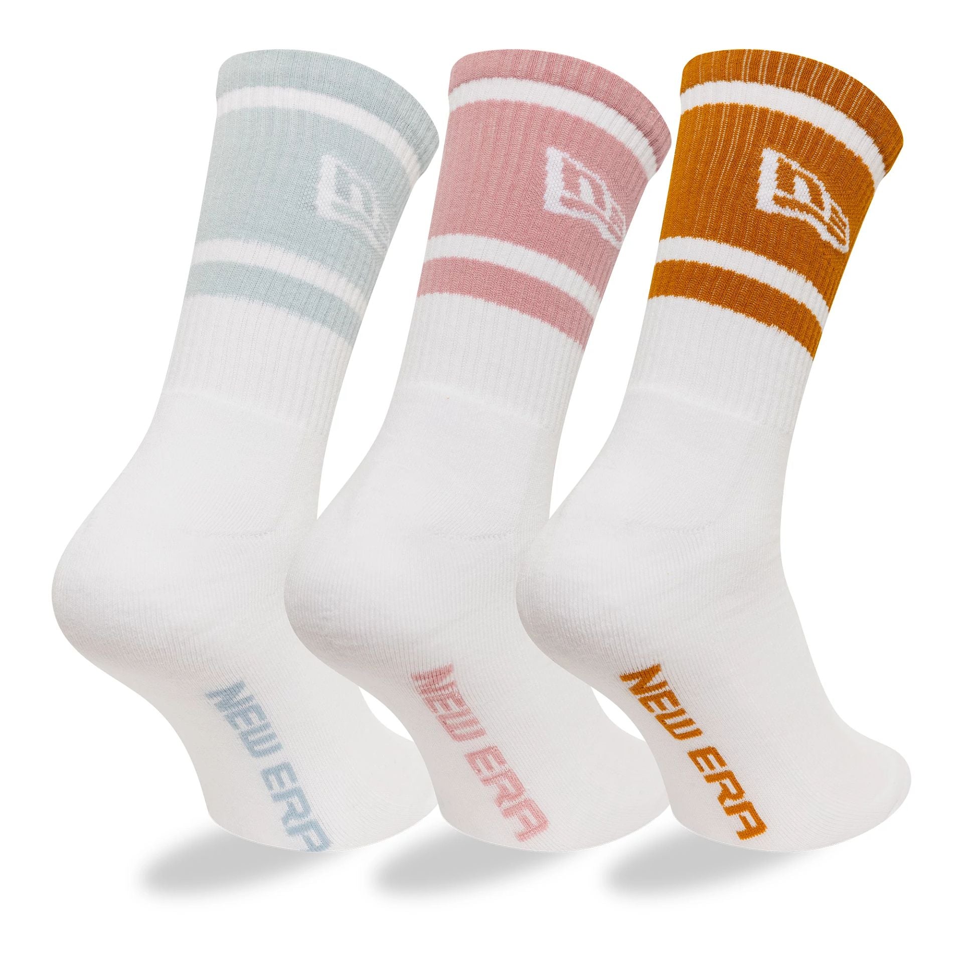 This is a New Era Stripe 3-Pack White Crew Socks 1