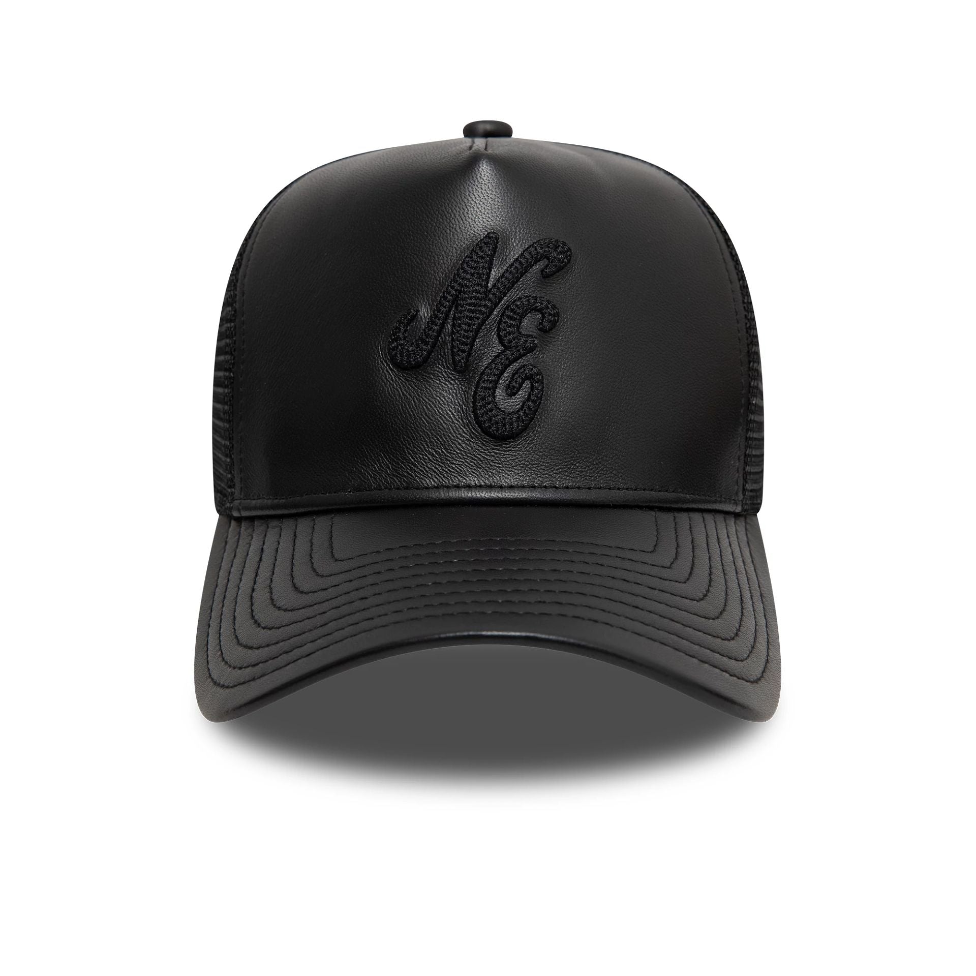 This is a New Era Leather Black 9FORTY A-Frame Trucker Adjustable Cap 2