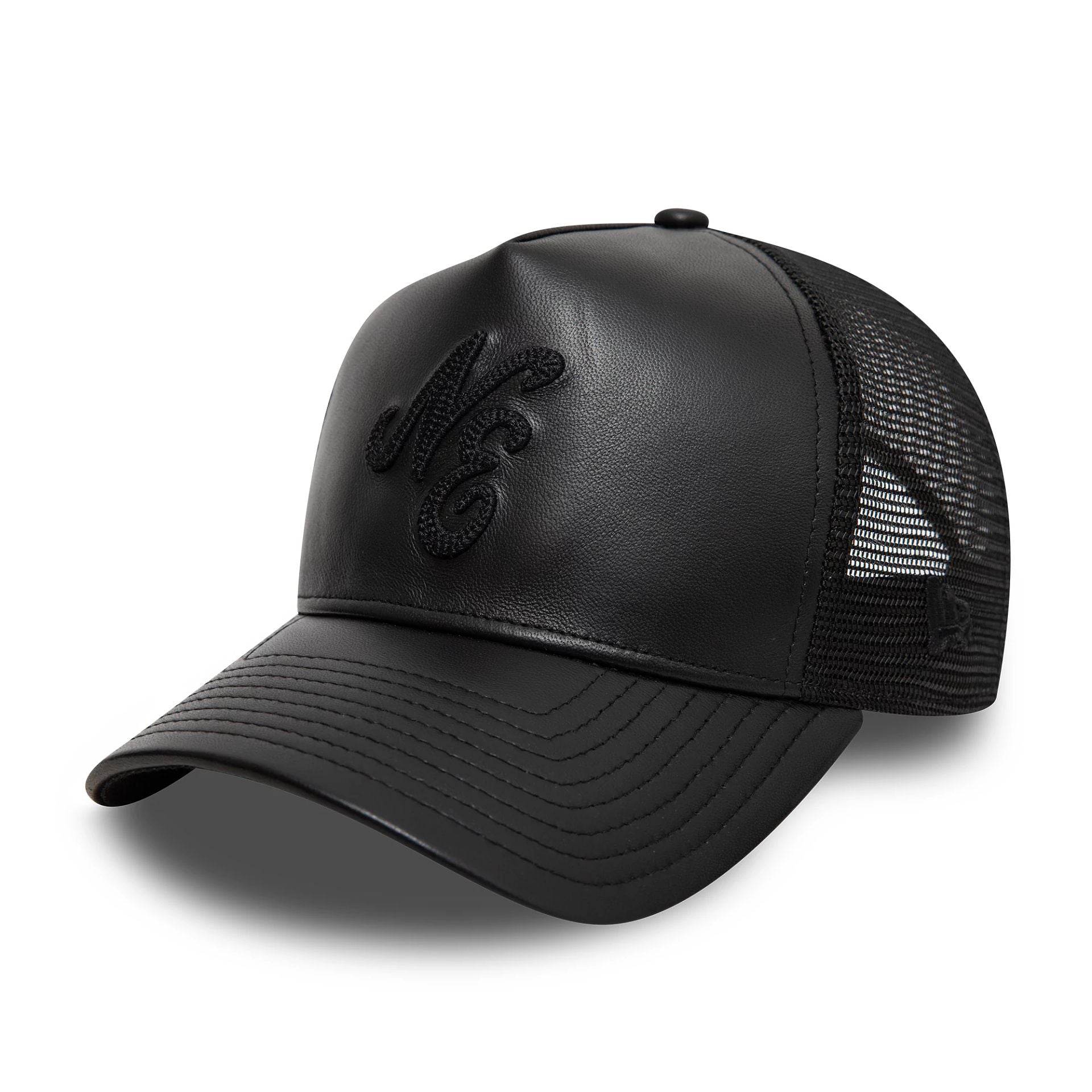 This is a New Era Leather Black 9FORTY A-Frame Trucker Adjustable Cap 1