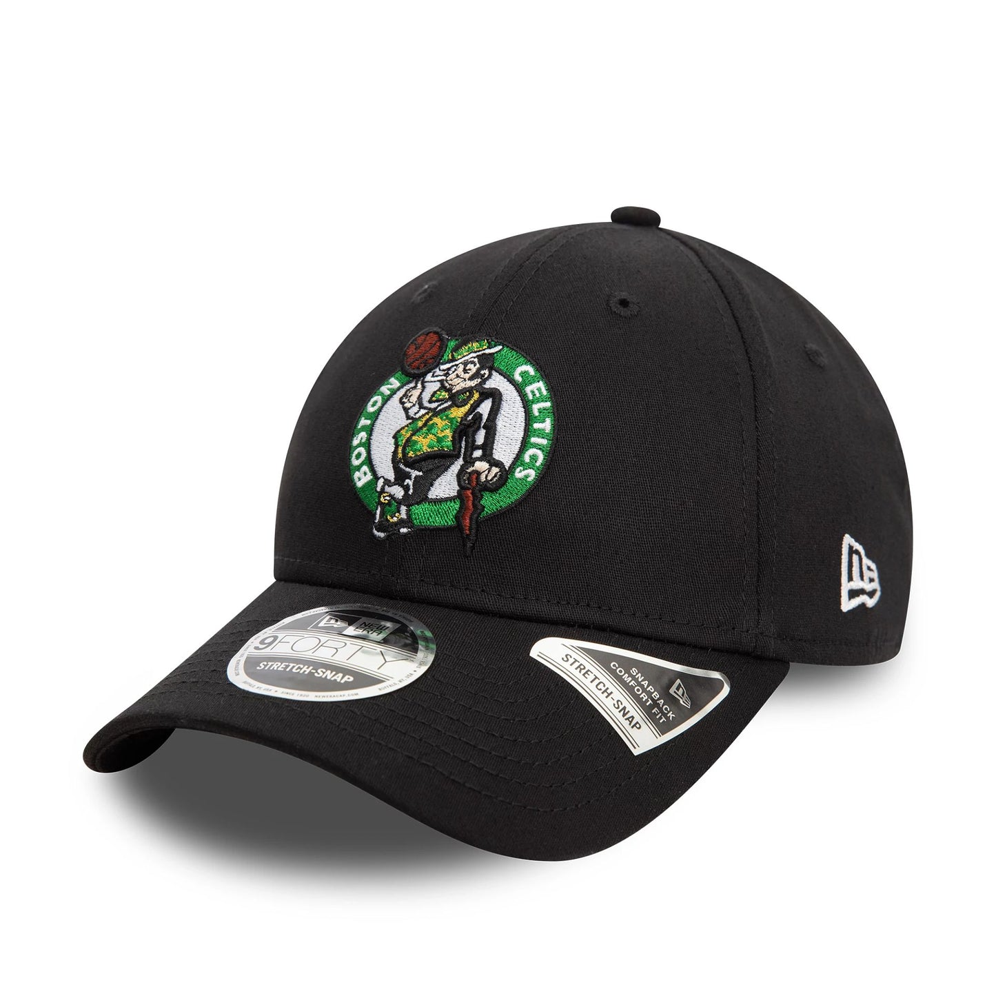 This is a Boston Celtics NBA Black 9FORTY Stretch Snap Adjustable Cap 1