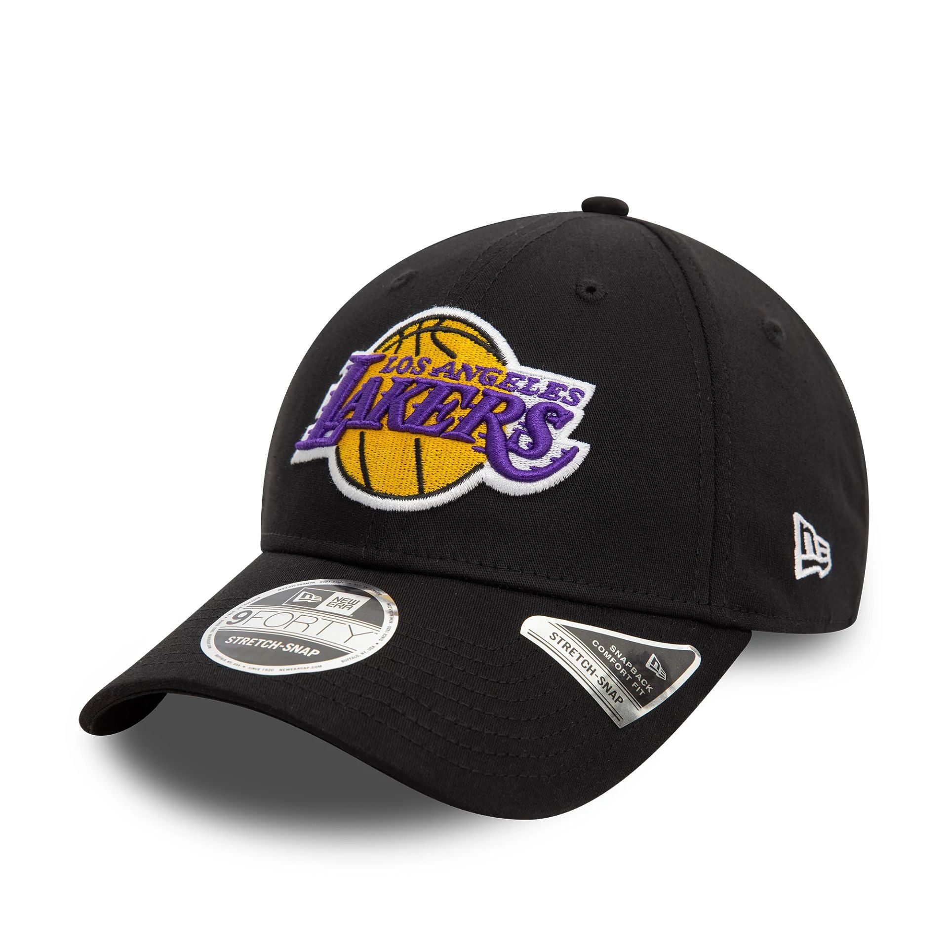 This is a LA Lakers NBA Black 9FORTY Stretch Snap Adjustable Cap 1