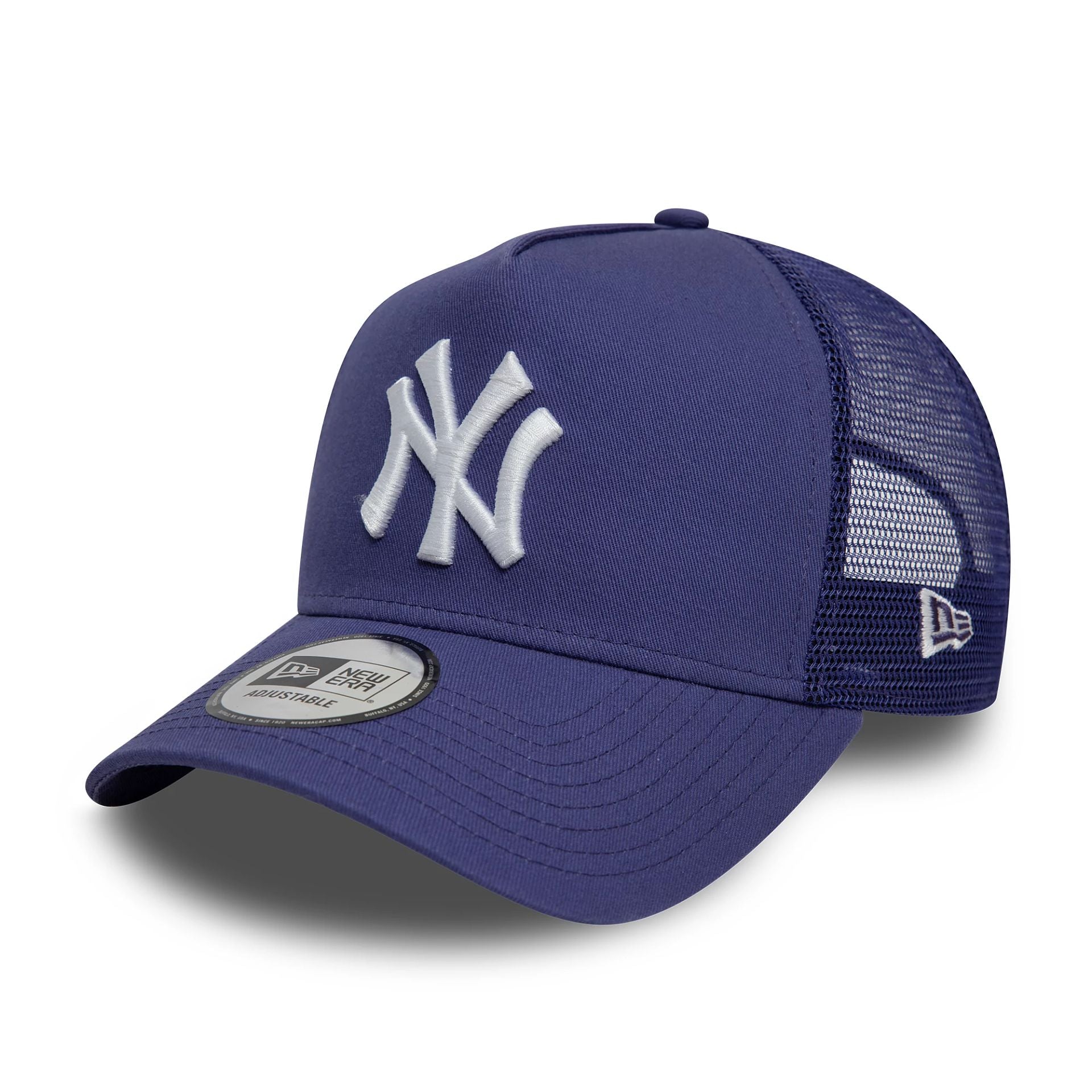 This is a New York Yankees League Essential Dark Blue 9FORTY A-Frame Trucker Adjustable Cap 1