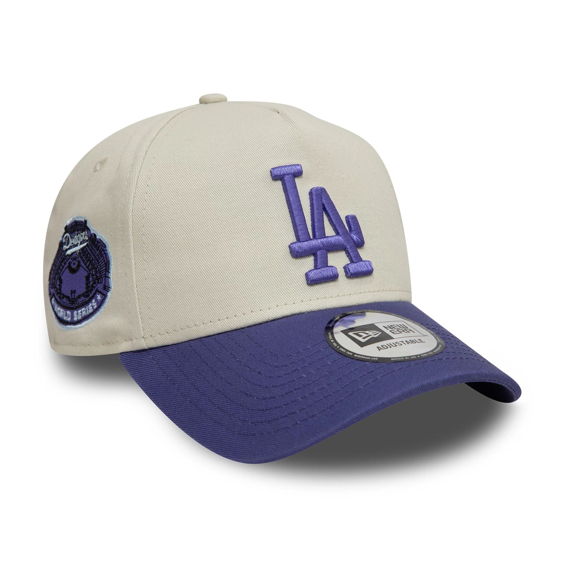 This is a LA Dodgers World Series Patch Cream 9FORTY A-Frame Adjustable Cap 1