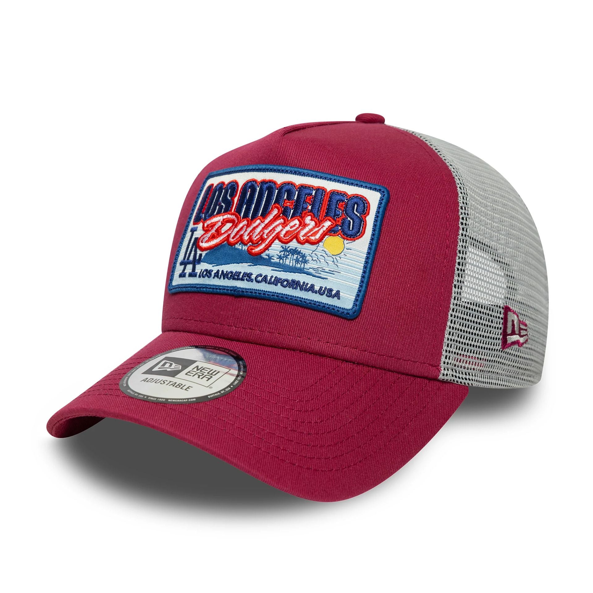 This is a LA Dodgers MLB Patch Dark Red 9FORTY A-Frame Trucker Adjustable Cap 1