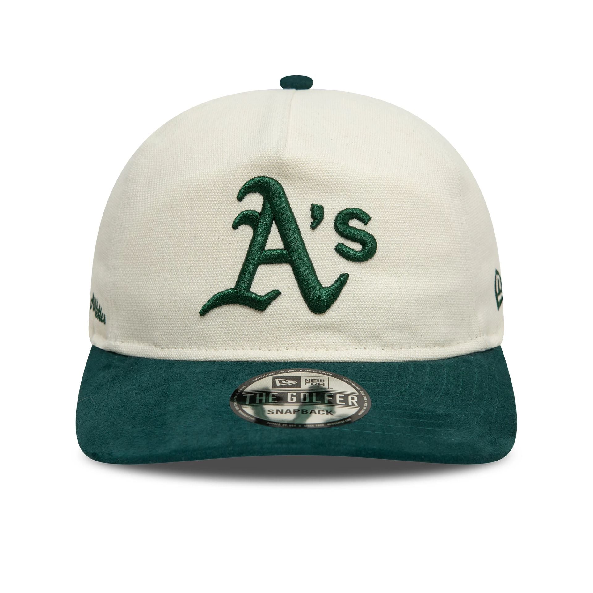 This is a Oakland Athletics Script Precurved Cream Golfer Adjustable Cap 2