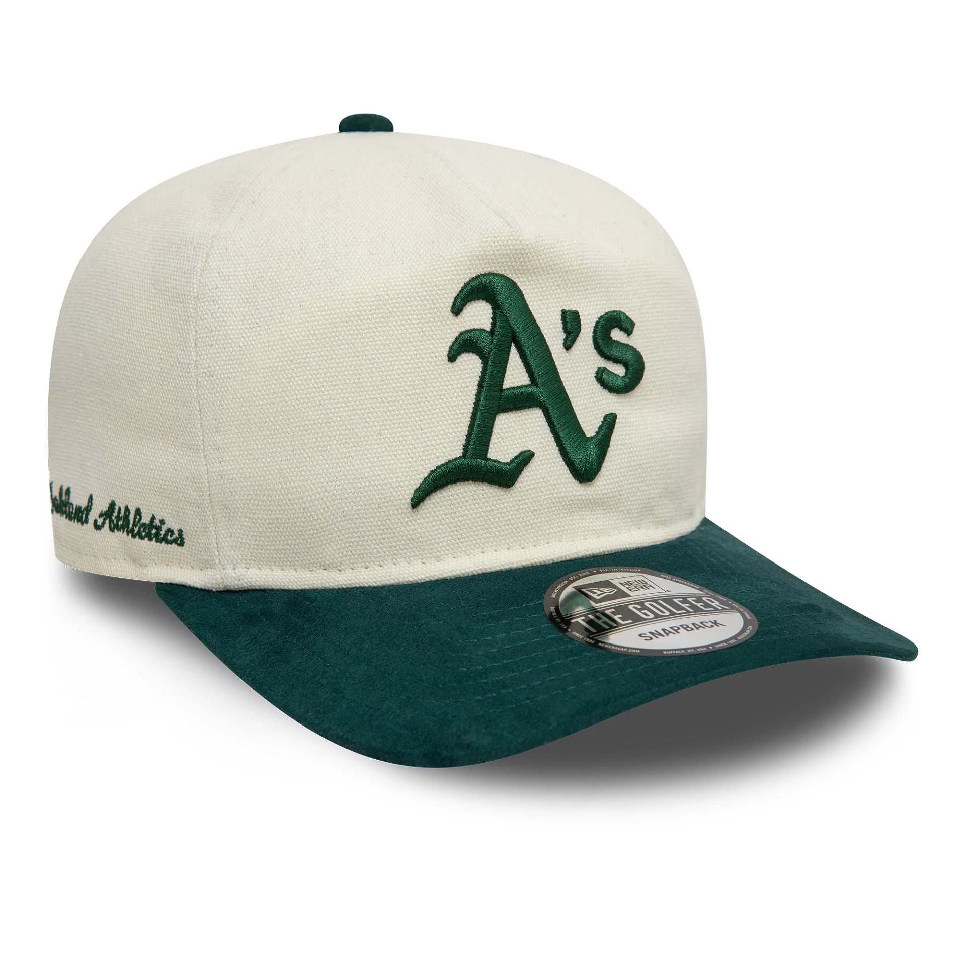 This is a Oakland Athletics Script Precurved Cream Golfer Adjustable Cap 1