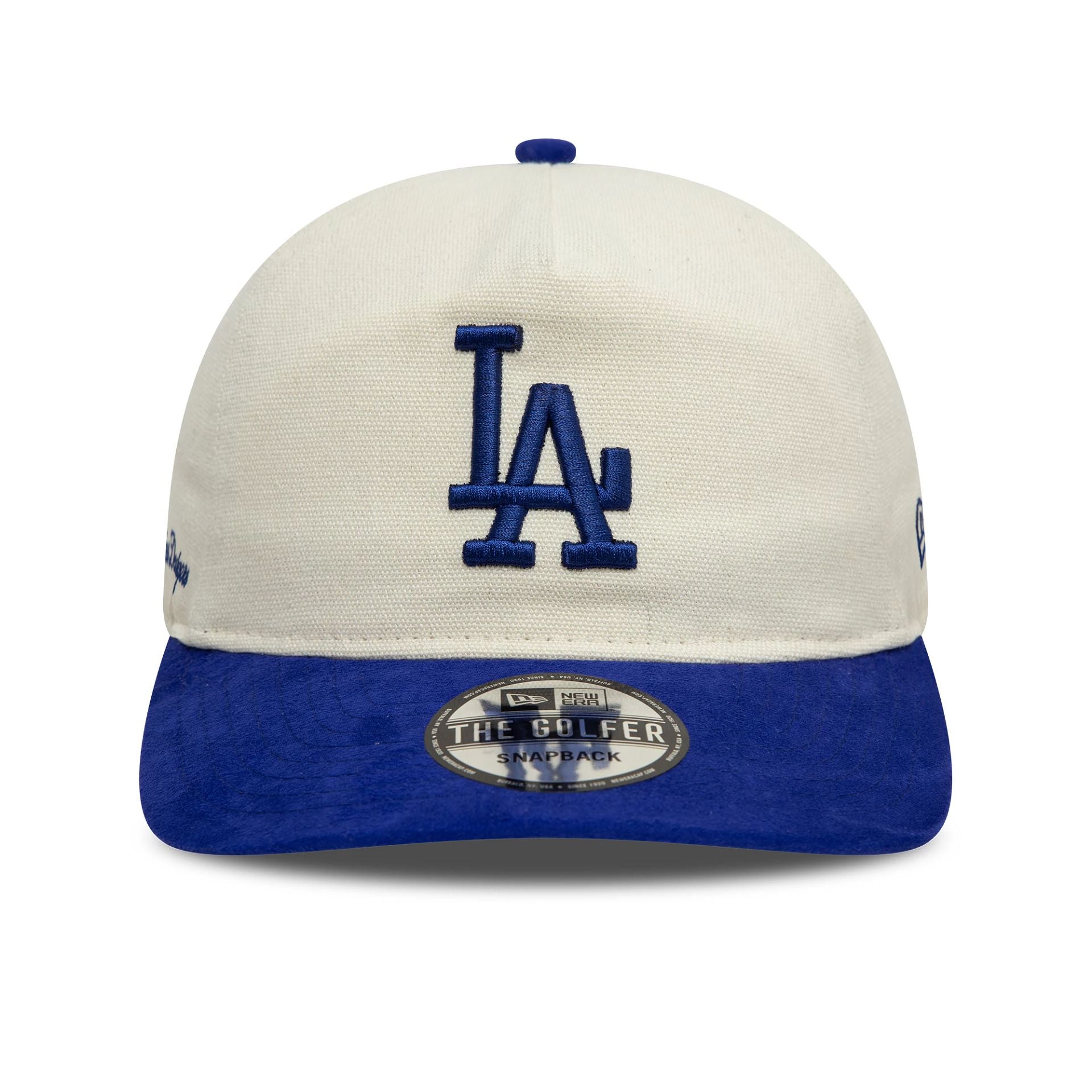 This is a LA Dodgers Script Precurved Cream Golfer Adjustable Cap 2