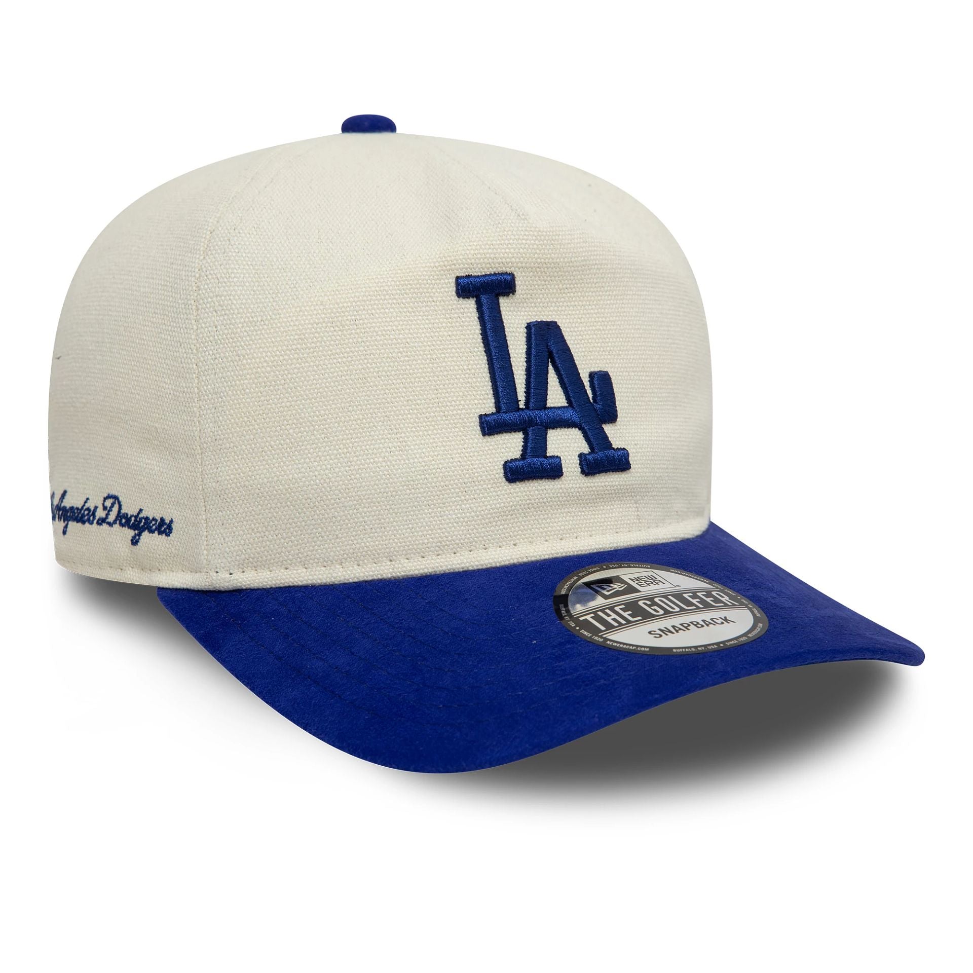 This is a LA Dodgers Script Precurved Cream Golfer Adjustable Cap 1