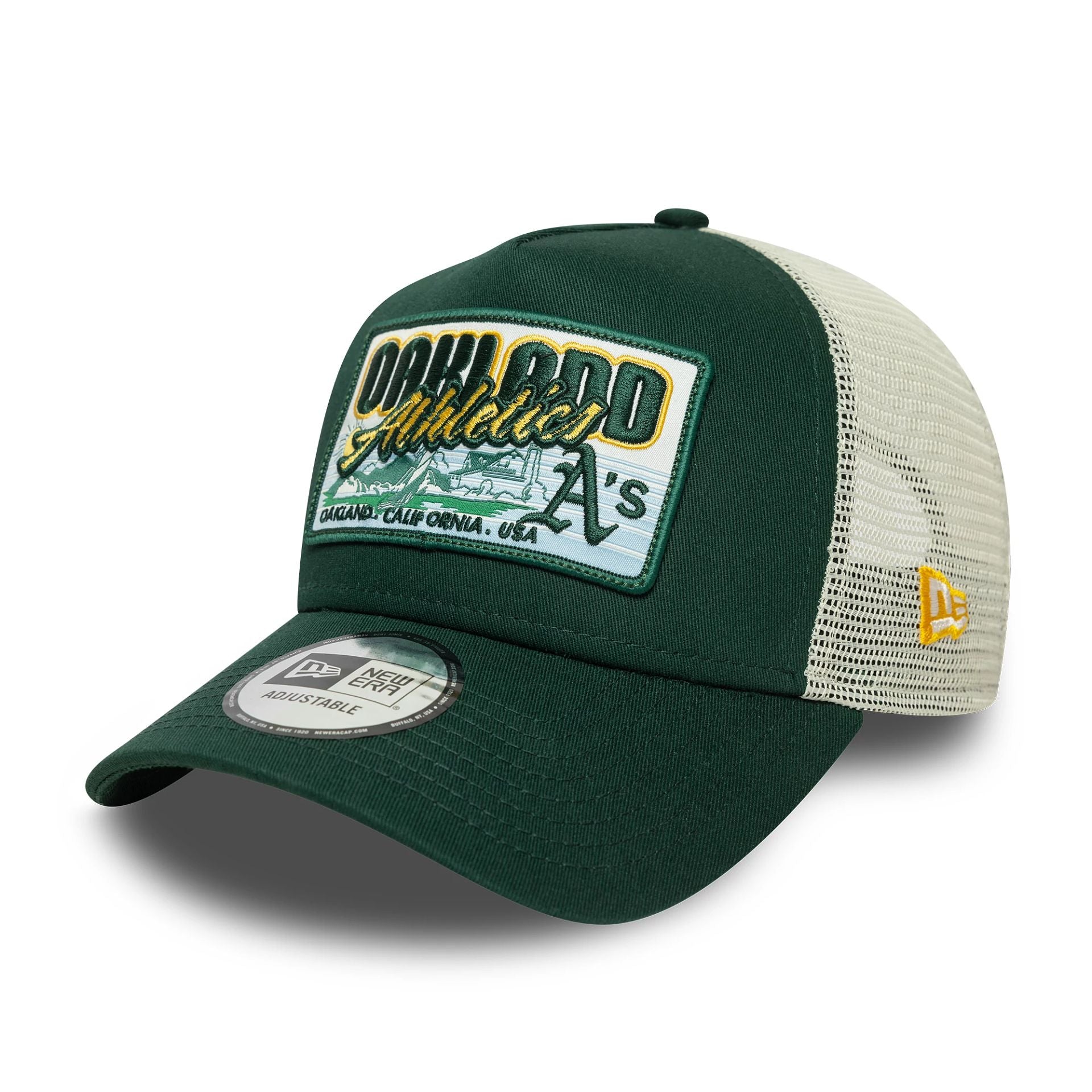 This is a Oakland Athletics MLB Patch Dark Green 9FORTY A-Frame Trucker Adjustable Cap 1