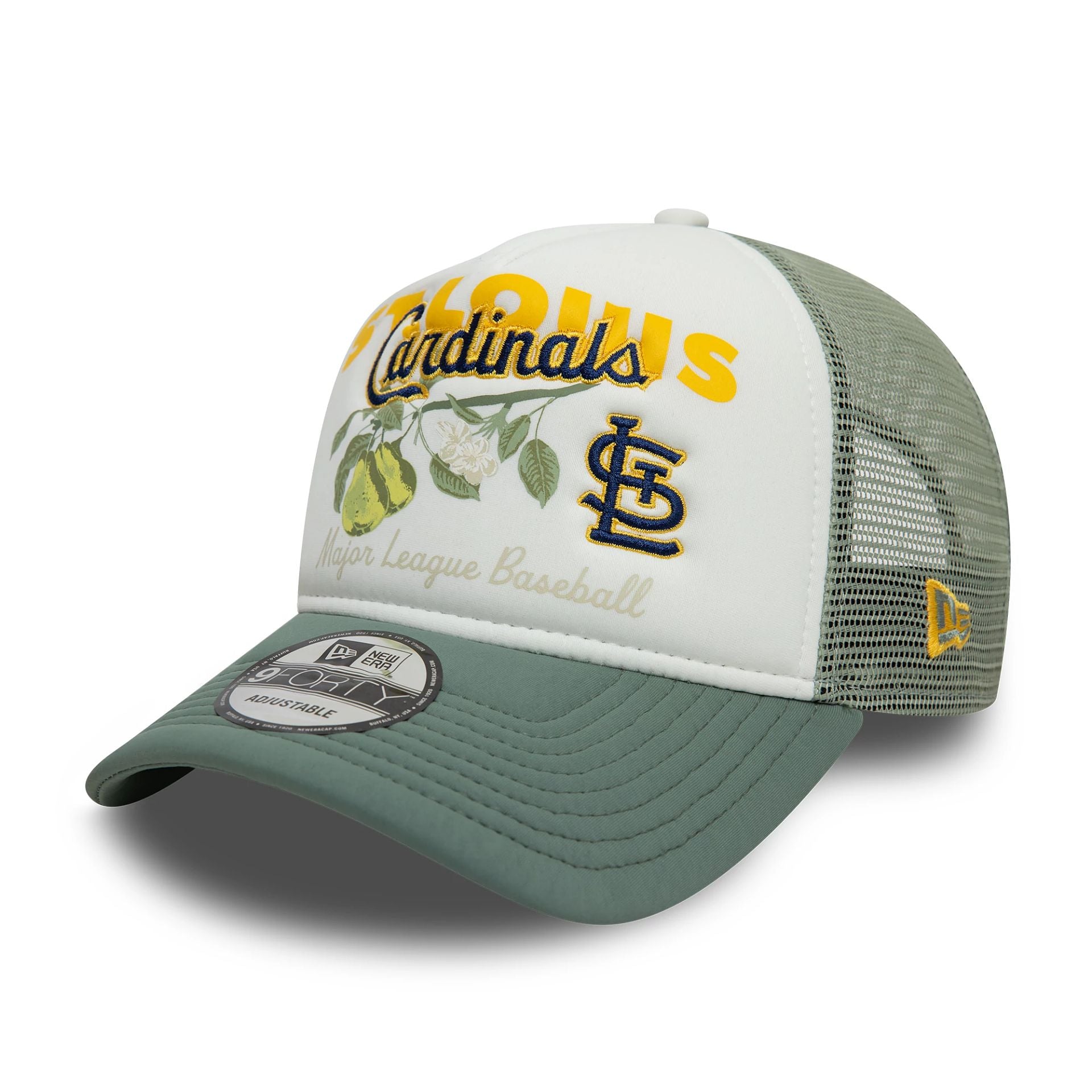 This is a St. Louis Cardinals Fruit Graphic Pastel Green 9FORTY A-Frame Trucker Adjustable Cap 1