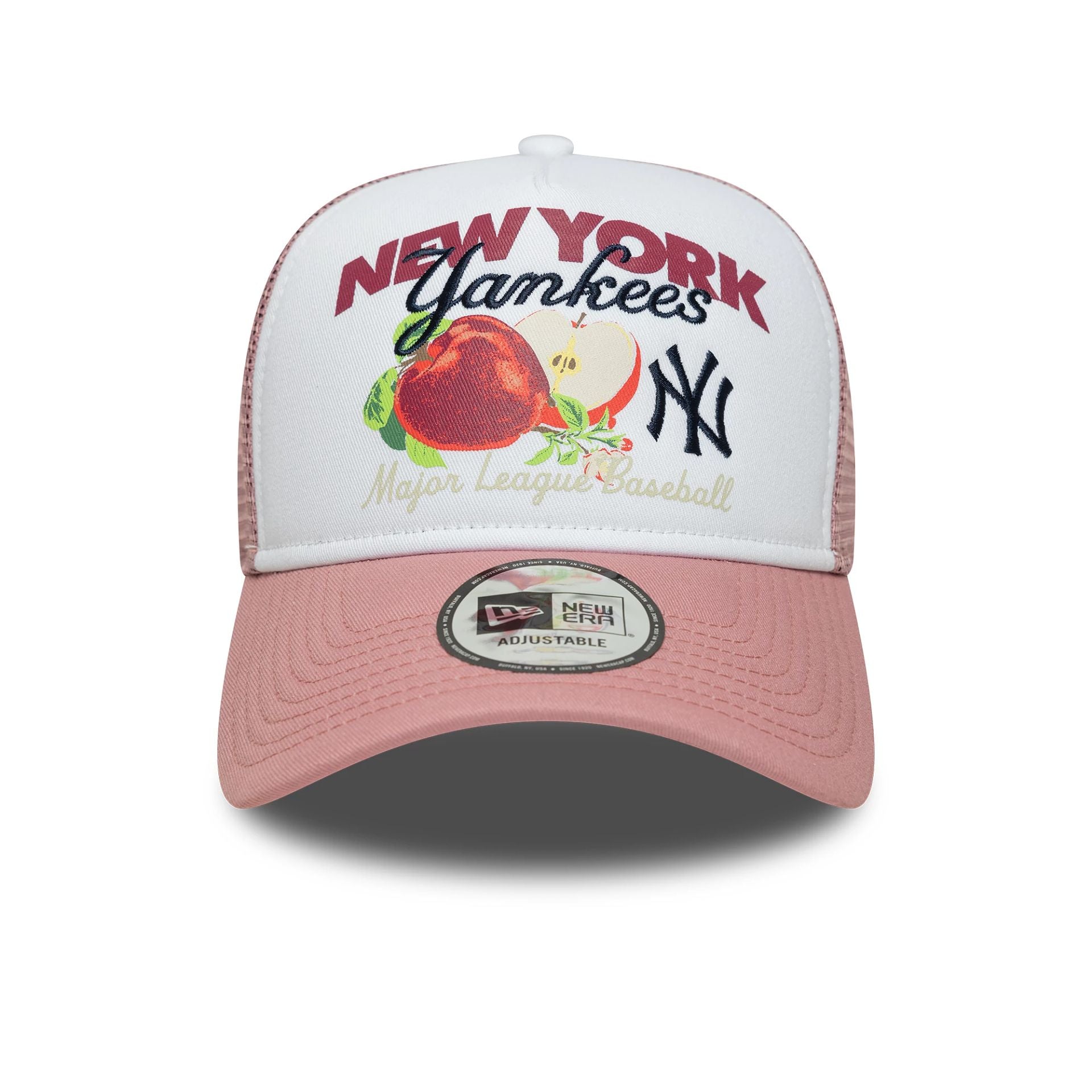 This is a New York Yankees Fruit Graphic Dark Pink 9FORTY A-Frame Trucker Adjustable Cap 2