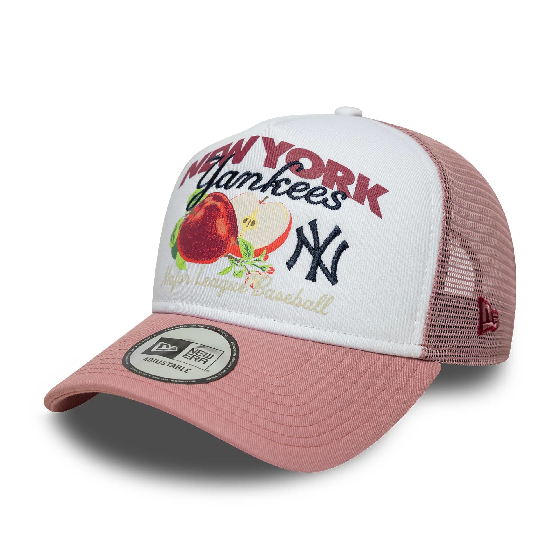 This is a New York Yankees Fruit Graphic Dark Pink 9FORTY A-Frame Trucker Adjustable Cap 1