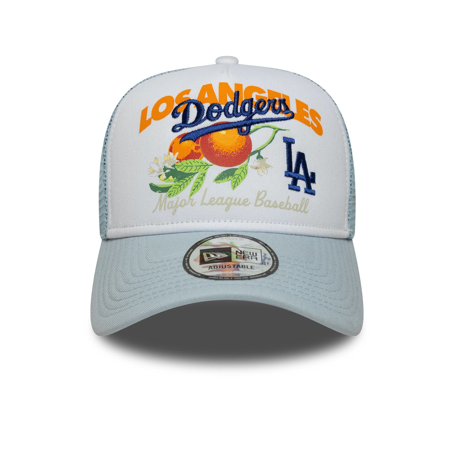 This is a LA Dodgers Fruit Graphic Pastel Blue 9FORTY A-Frame Trucker Adjustable Cap 2