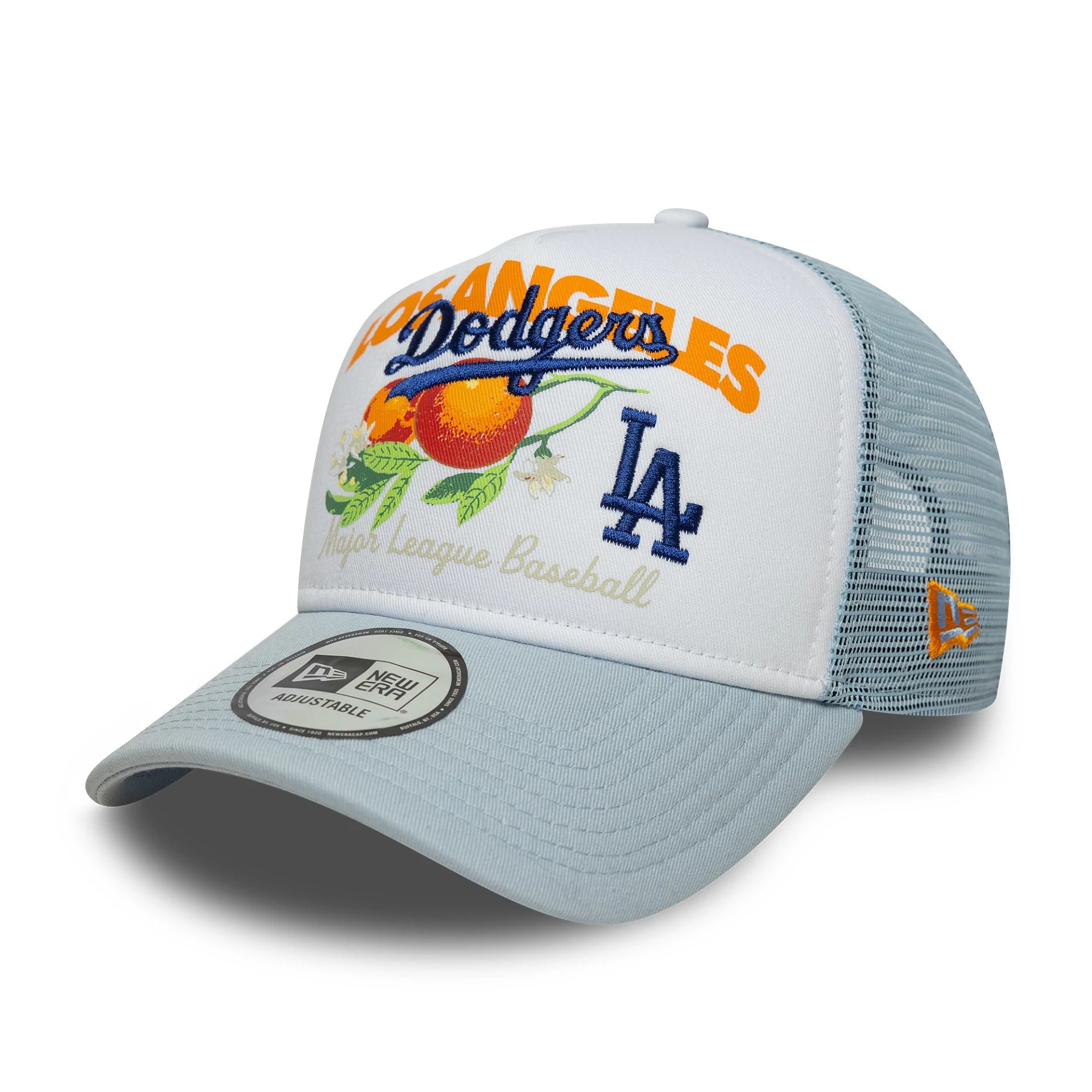 This is a LA Dodgers Fruit Graphic Pastel Blue 9FORTY A-Frame Trucker Adjustable Cap 1