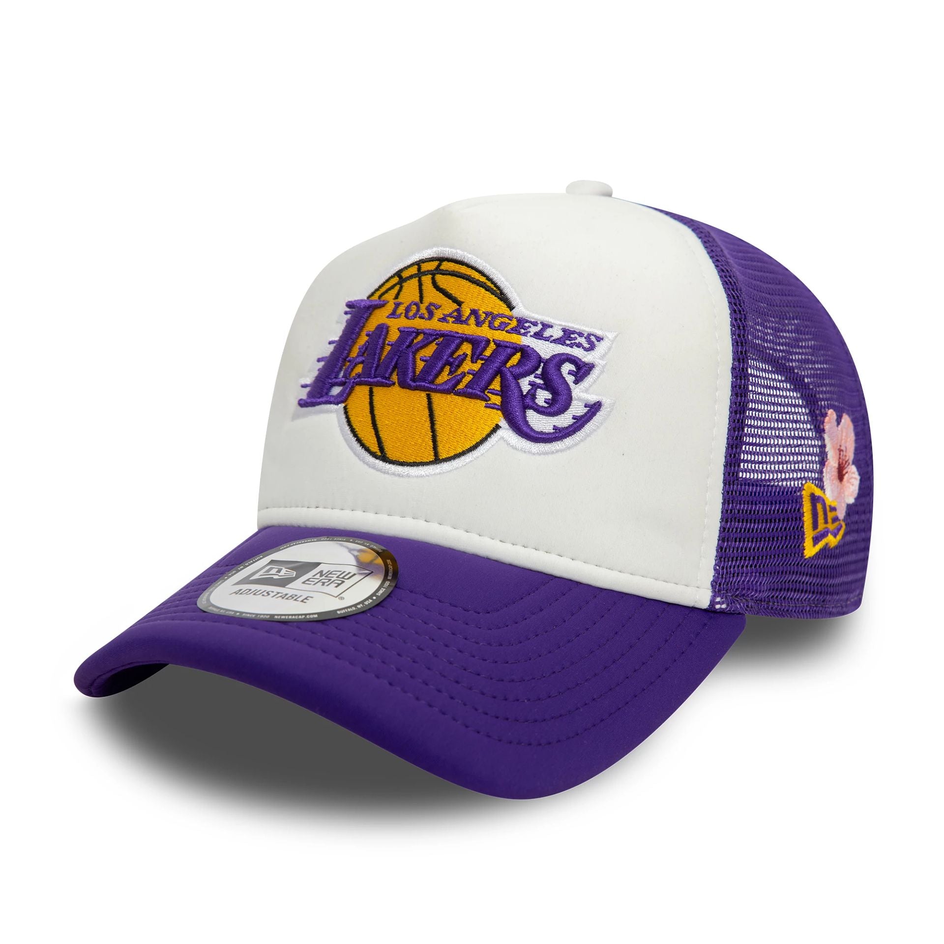 This is a LA Lakers NBA Flower Purple 9FORTY A-Frame Trucker Adjustable Cap 1