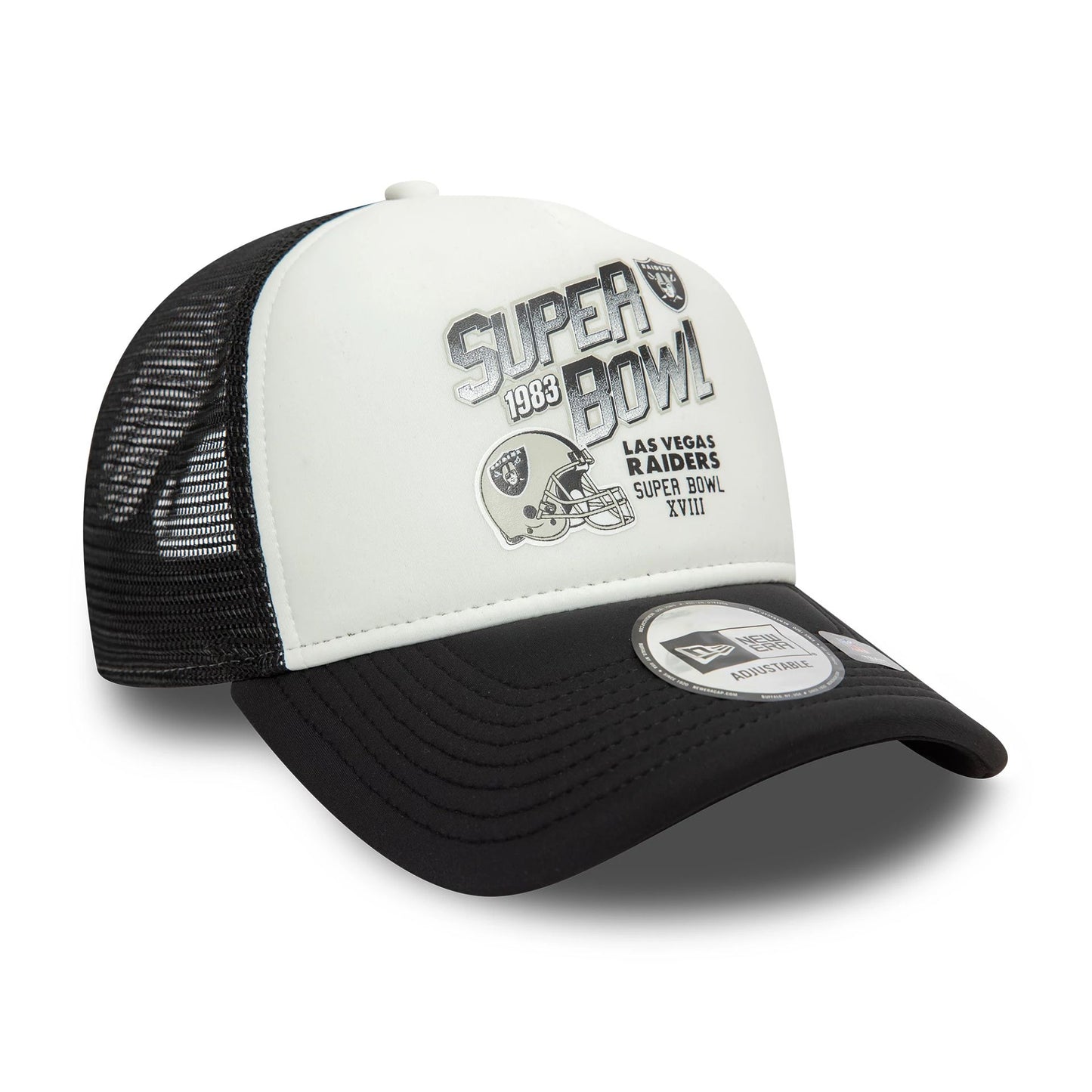 This is a Las Vegas Raiders Super Bowl Black 9FORTY A-Frame Trucker Adjustable Cap 3