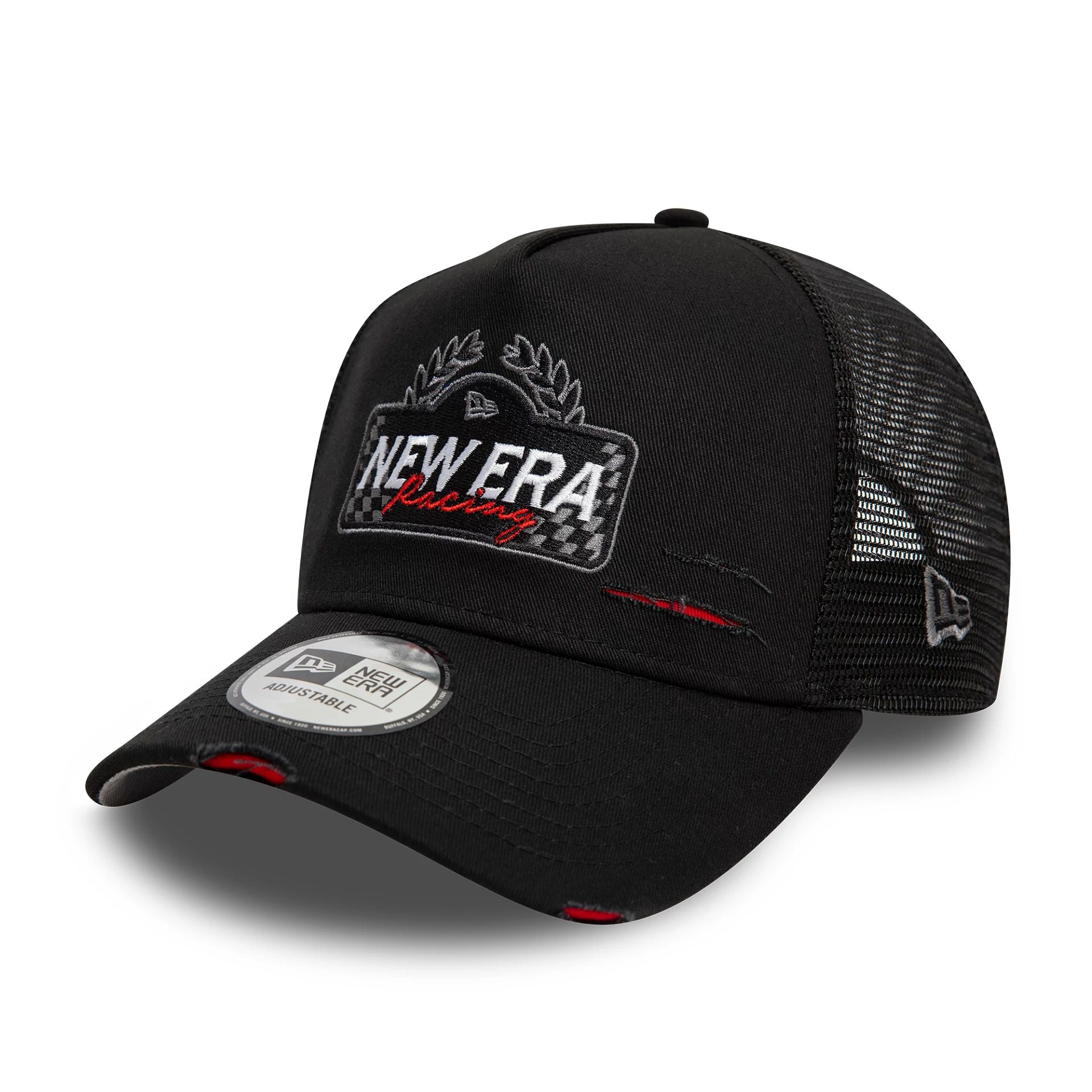 This is a New Era Motorsport Black 9FORTY A-Frame Trucker Adjustable Cap 1