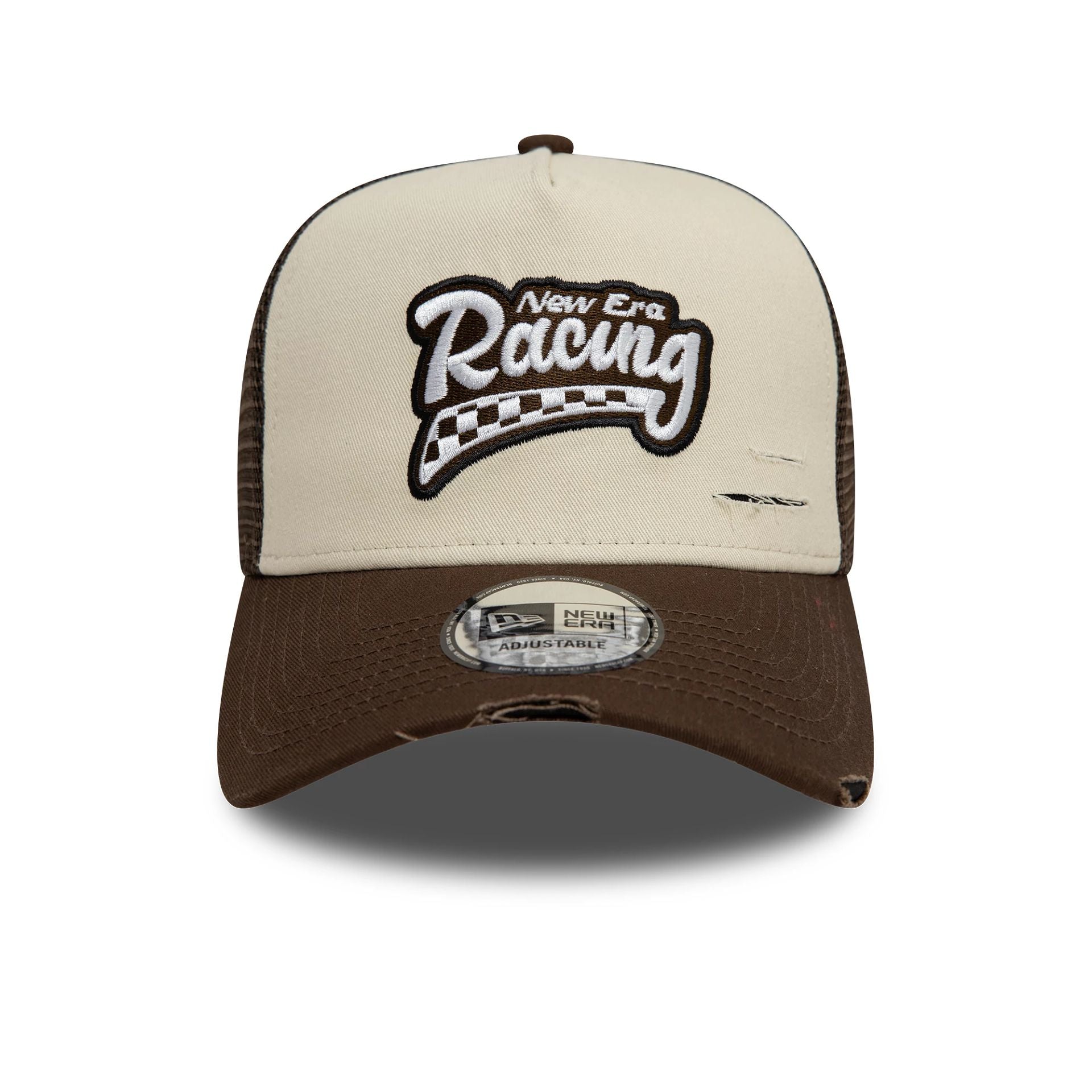 This is a New Era Motorsport Dark Brown 9FORTY A-Frame Trucker Adjustable Cap 2