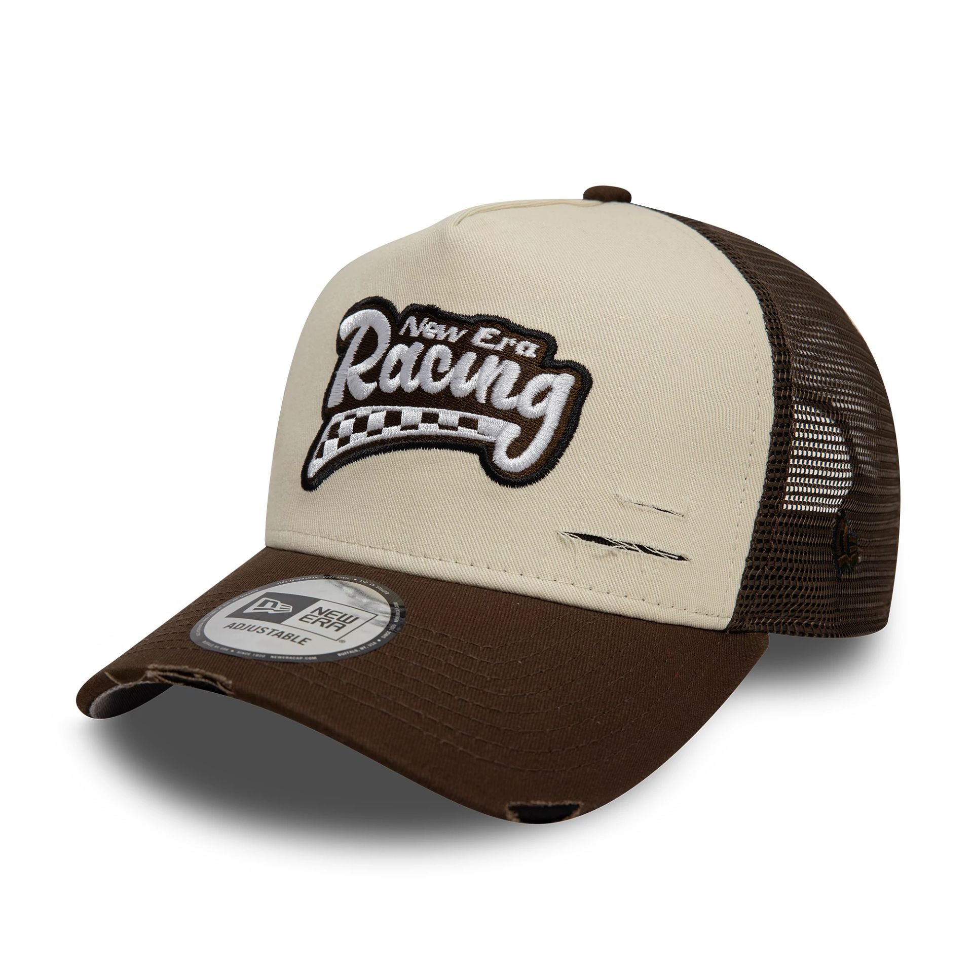 This is a New Era Motorsport Dark Brown 9FORTY A-Frame Trucker Adjustable Cap 1