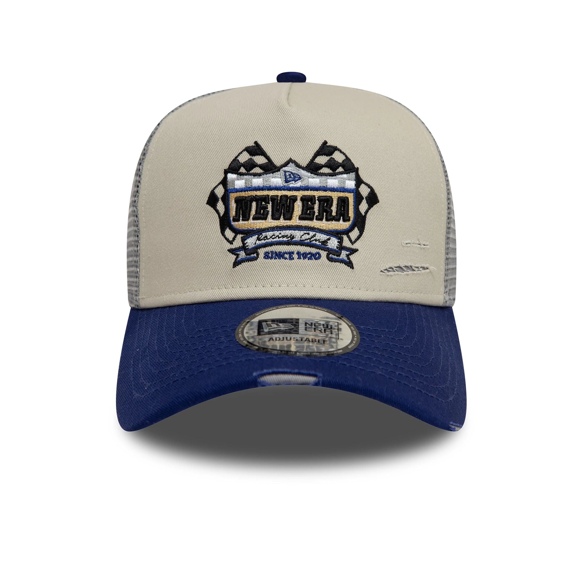 This is a New Era Motorsport Cream 9FORTY A-Frame Trucker Adjustable Cap 2