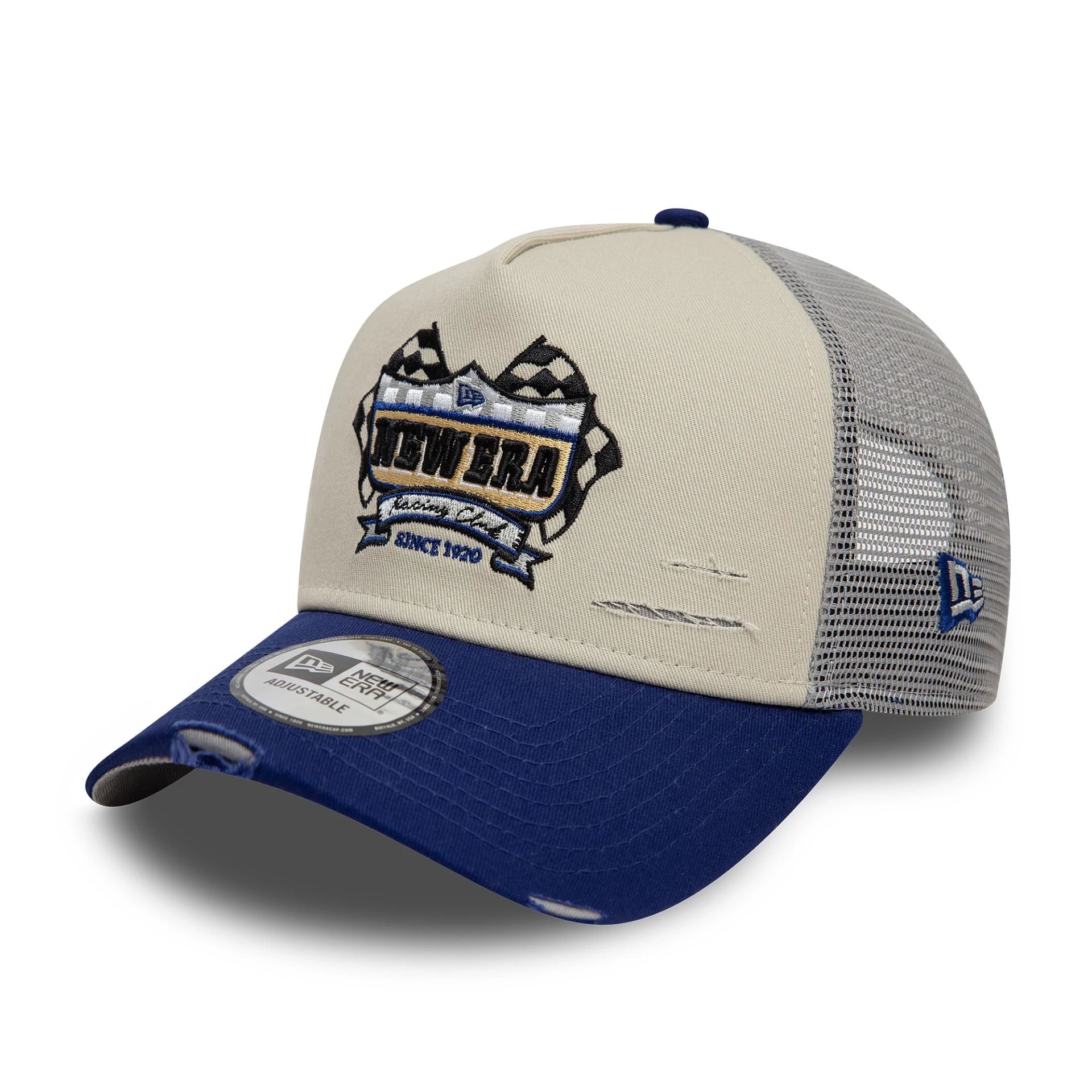 This is a New Era Motorsport Cream 9FORTY A-Frame Trucker Adjustable Cap 1