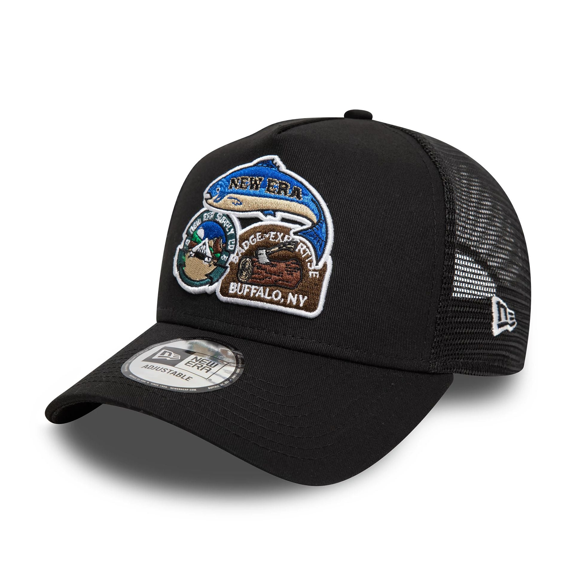 This is a New Era Outdoor Black 9FORTY A-Frame Trucker Adjustable Cap 1