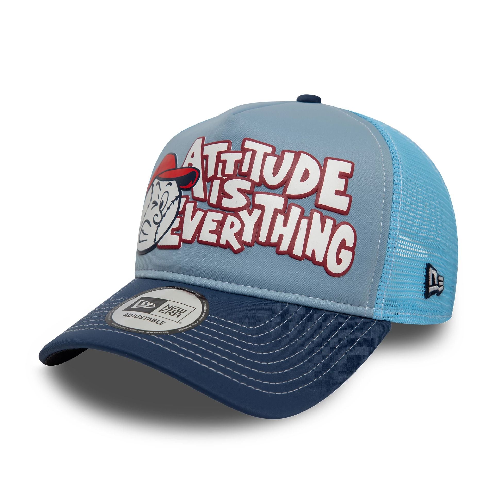 This is a New Era Graphic Blue 9FORTY A-Frame Trucker Adjustable Cap 1