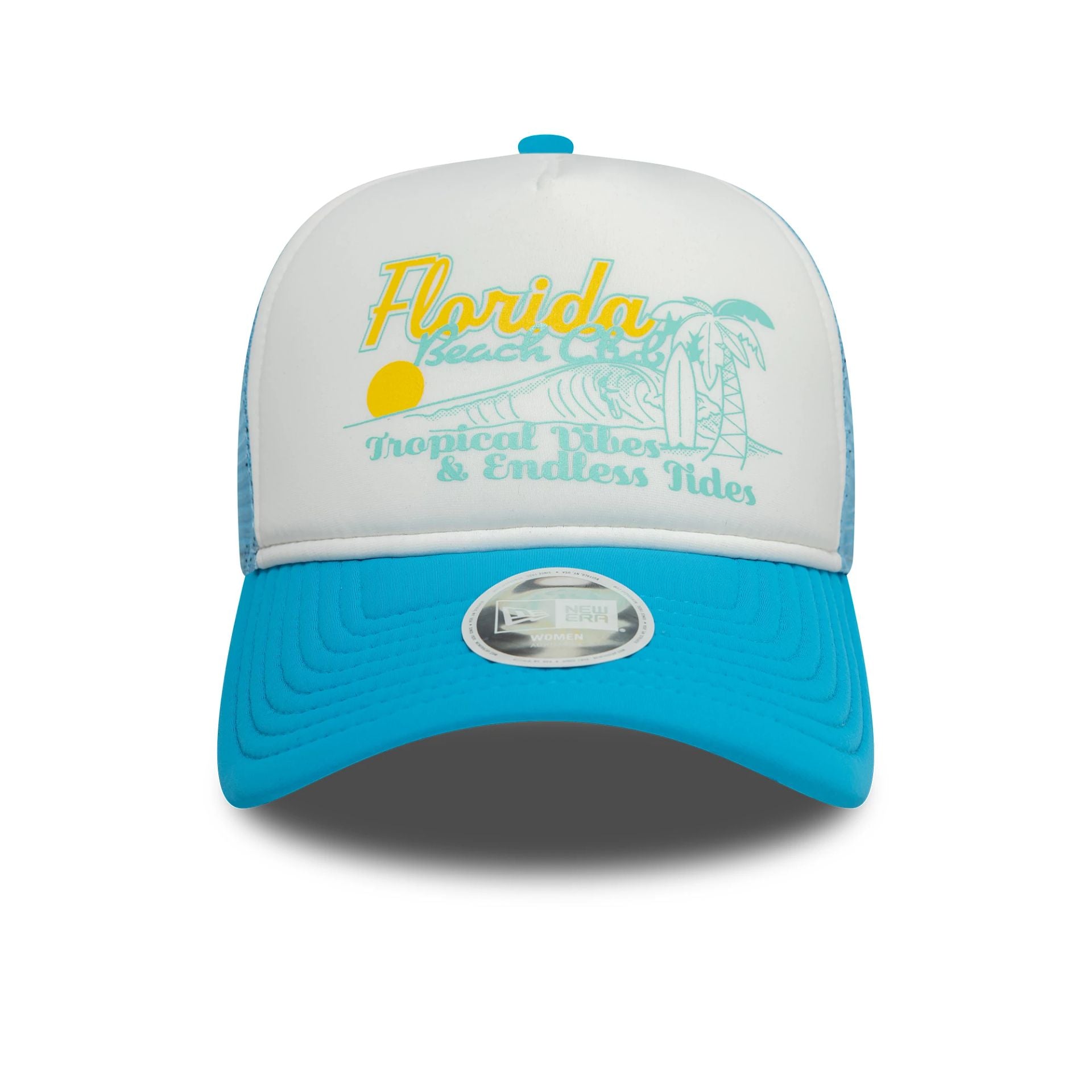 This is a Womens New Era Foam Bright Blue 9FORTY A-Frame Trucker Adjustable Cap 2