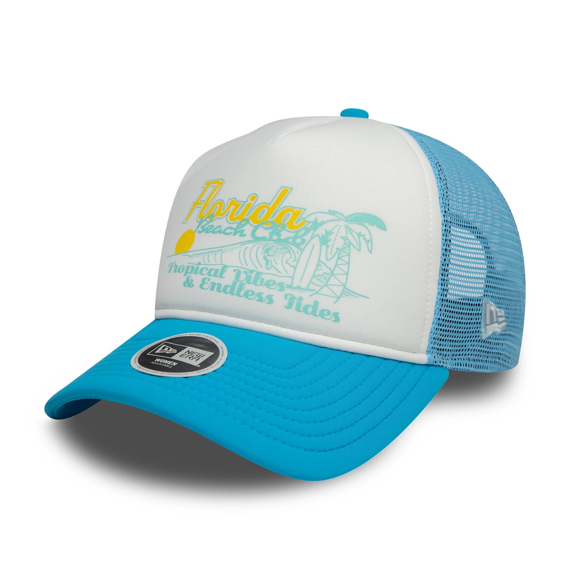 This is a Womens New Era Foam Bright Blue 9FORTY A-Frame Trucker Adjustable Cap 1