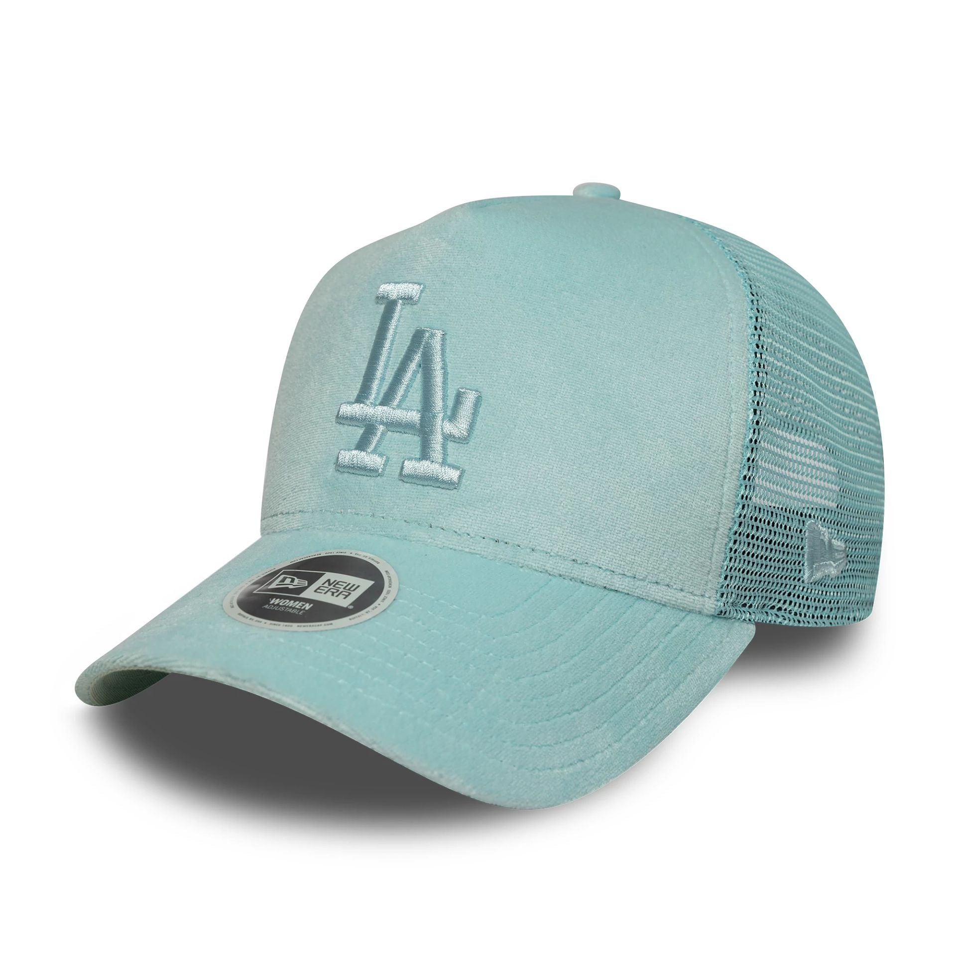 This is a LA Dodgers Womens Velour Pastel Green 9FORTY A-Frame Trucker Adjustable Cap 1