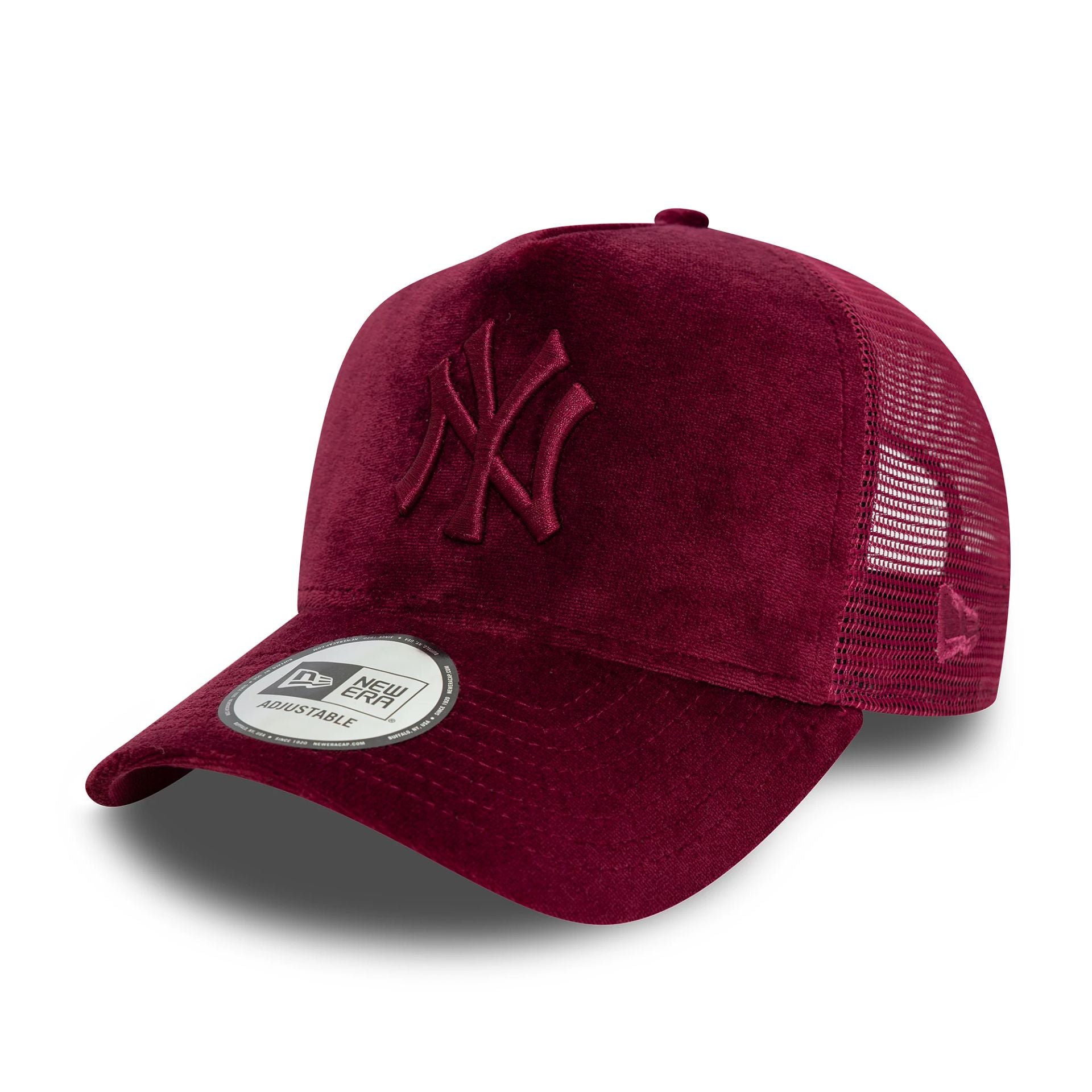 This is a New York Yankees Womens Velour Dark Red 9FORTY A-Frame Trucker Adjustable Cap 1